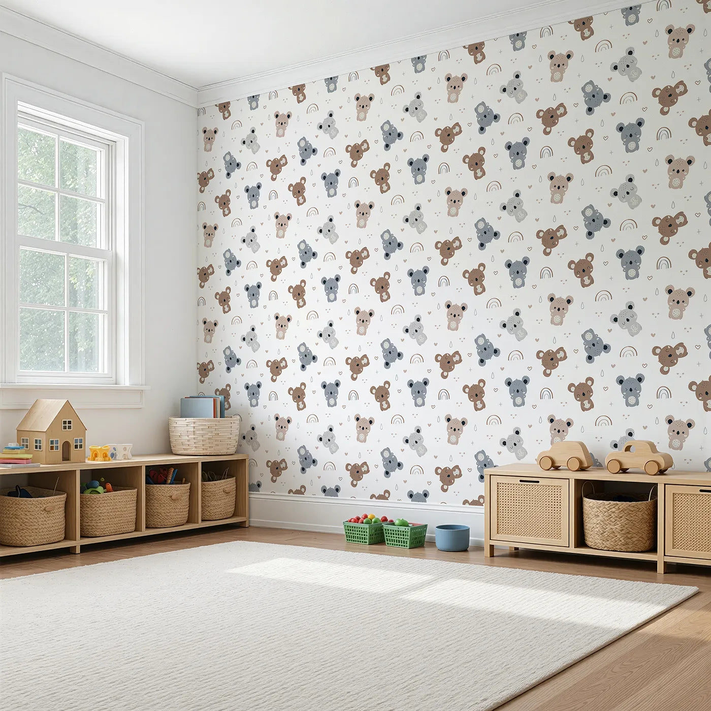 Angled view of Whimsy Tots' Koala Cuddle Parade Wallpaper in White (W3450A).Smiling koalas and pastel rainbows bring calm cuddles to every wall.