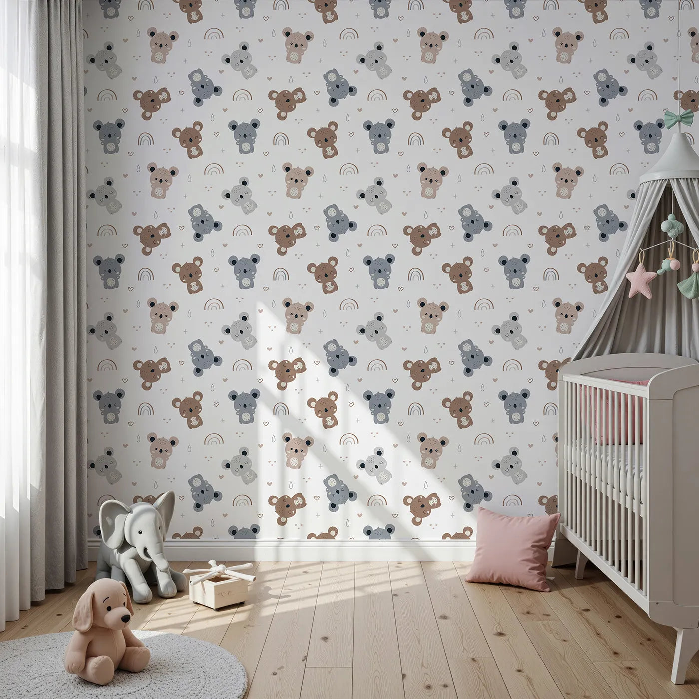 Front view of Whimsy Tots' Koala Cuddle Parade Wallpaper in White