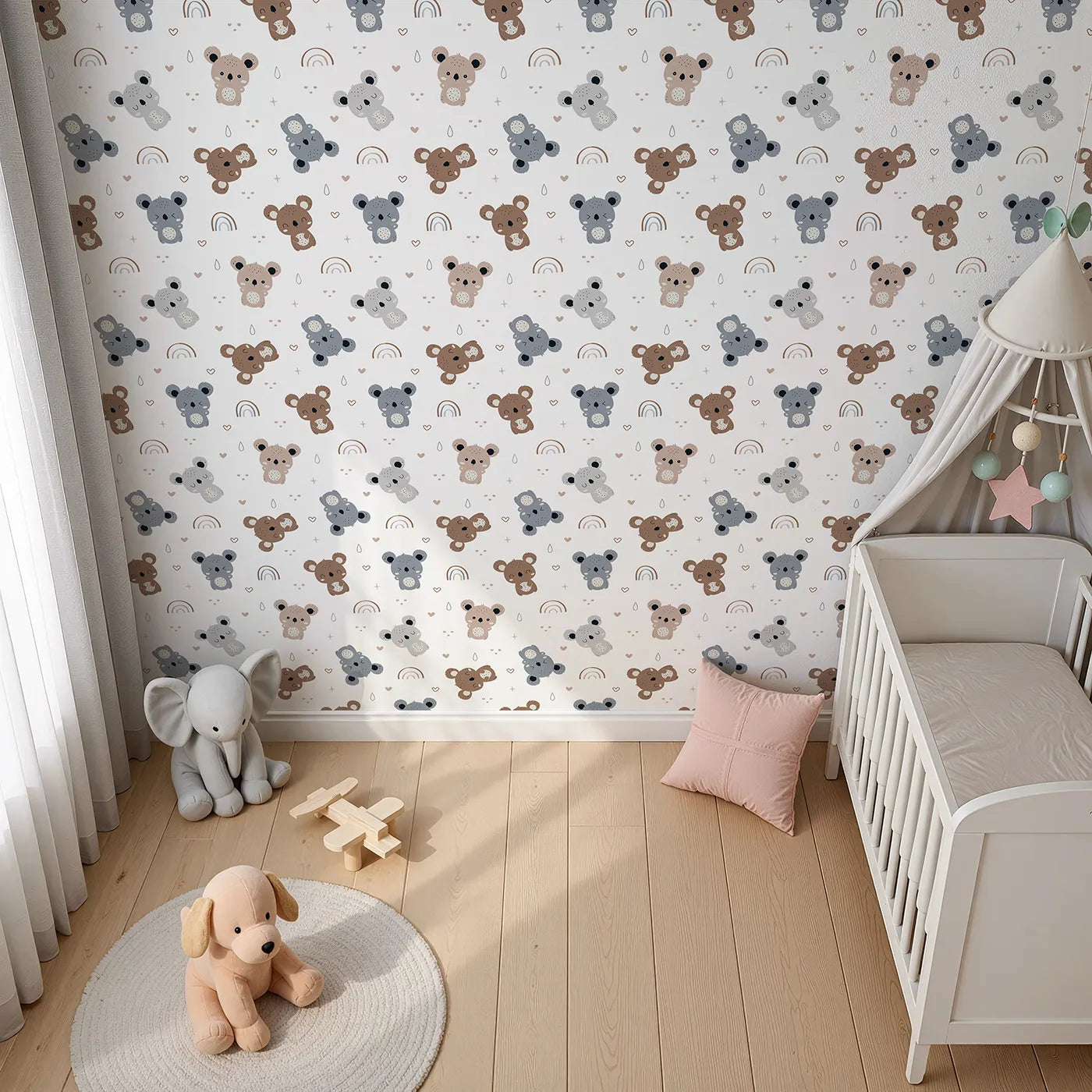 Top-Down view of Whimsy Tots' Koala Cuddle Parade Wallpaper in White (W3450A).Smiling koalas and pastel rainbows bring calm cuddles to every wall.