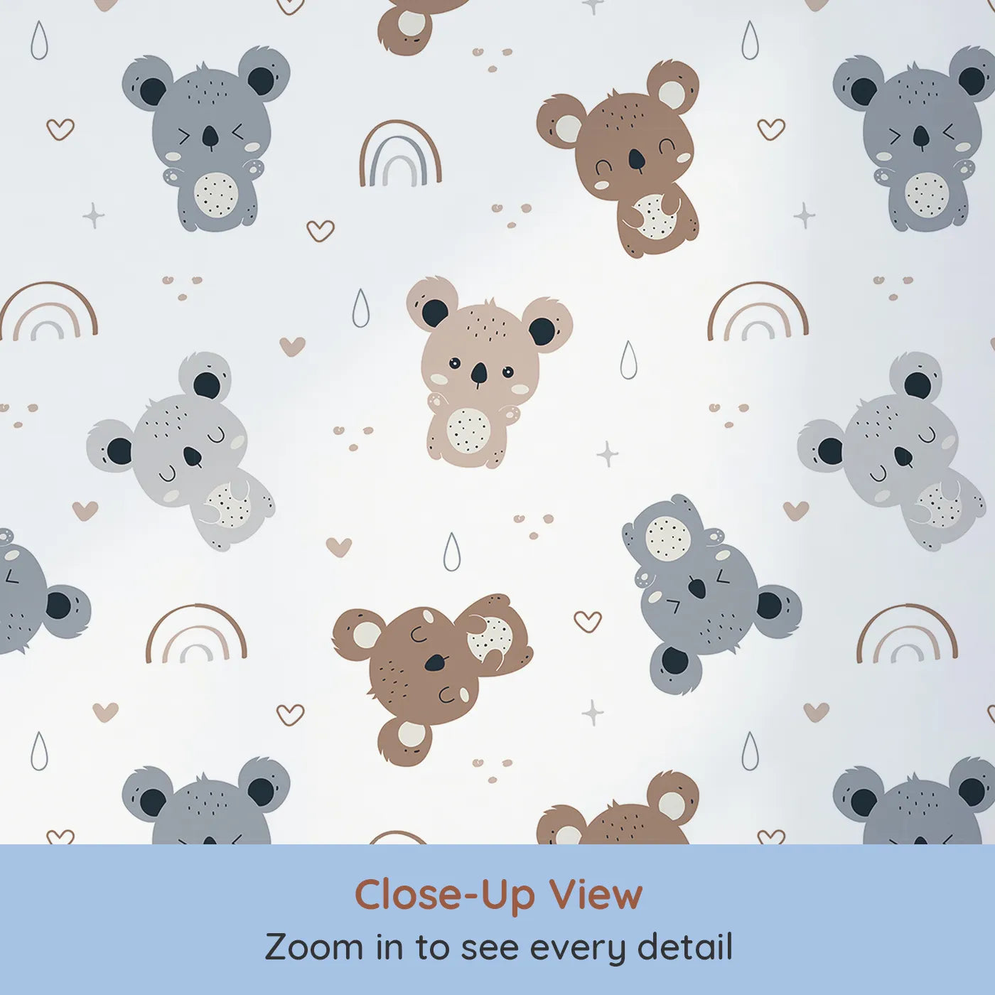 Close-up view of Whimsy Tots' Koala Cuddle Parade Wallpaper in White (W3450A).Smiling koalas and pastel rainbows bring calm cuddles to every wall.