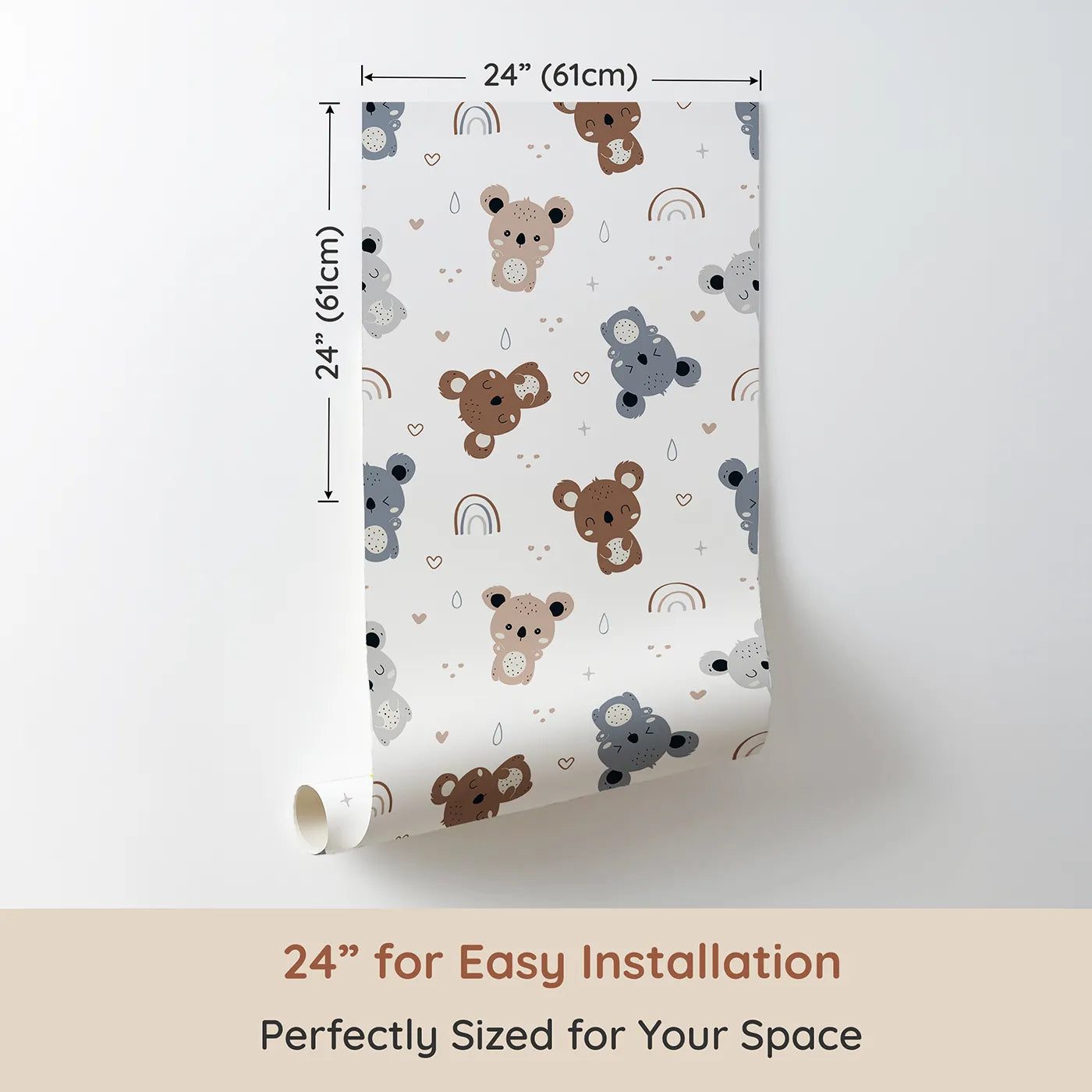 Dimension view of Whimsy Tots Koala Cuddle Parade Wallpaper in White (W3450A). Printed in 24-inch-wide panel for easy installation. Smiling koalas and pastel rainbows bring calm cuddles to every wall.