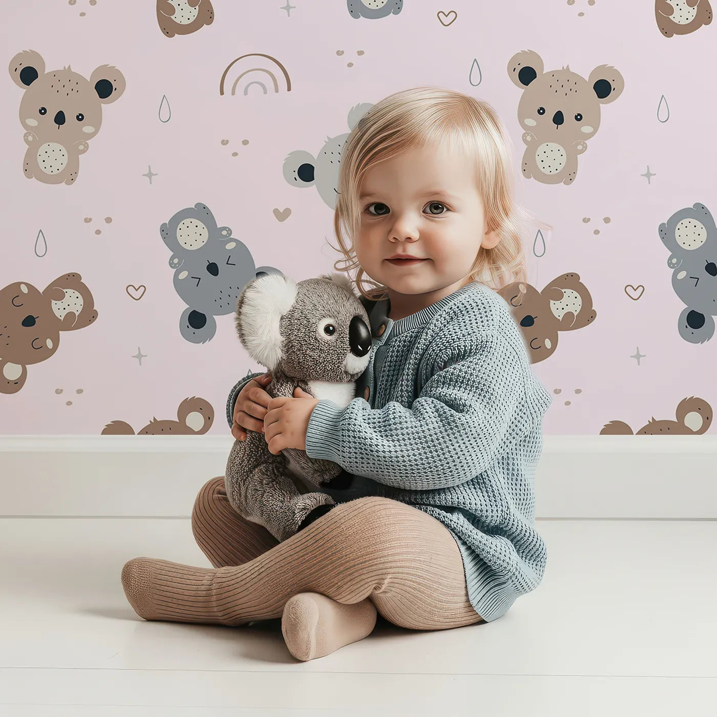 Lovely child standing in front of Whimsy Tots Koala Cuddle Parade Wallpaper in Pink with koala, rainbow, heart, raindrop in design.