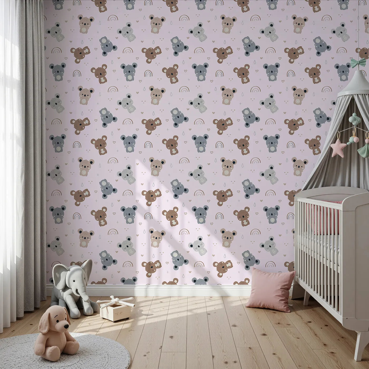 Front view of Whimsy Tots' Koala Cuddle Parade Wallpaper in Pink