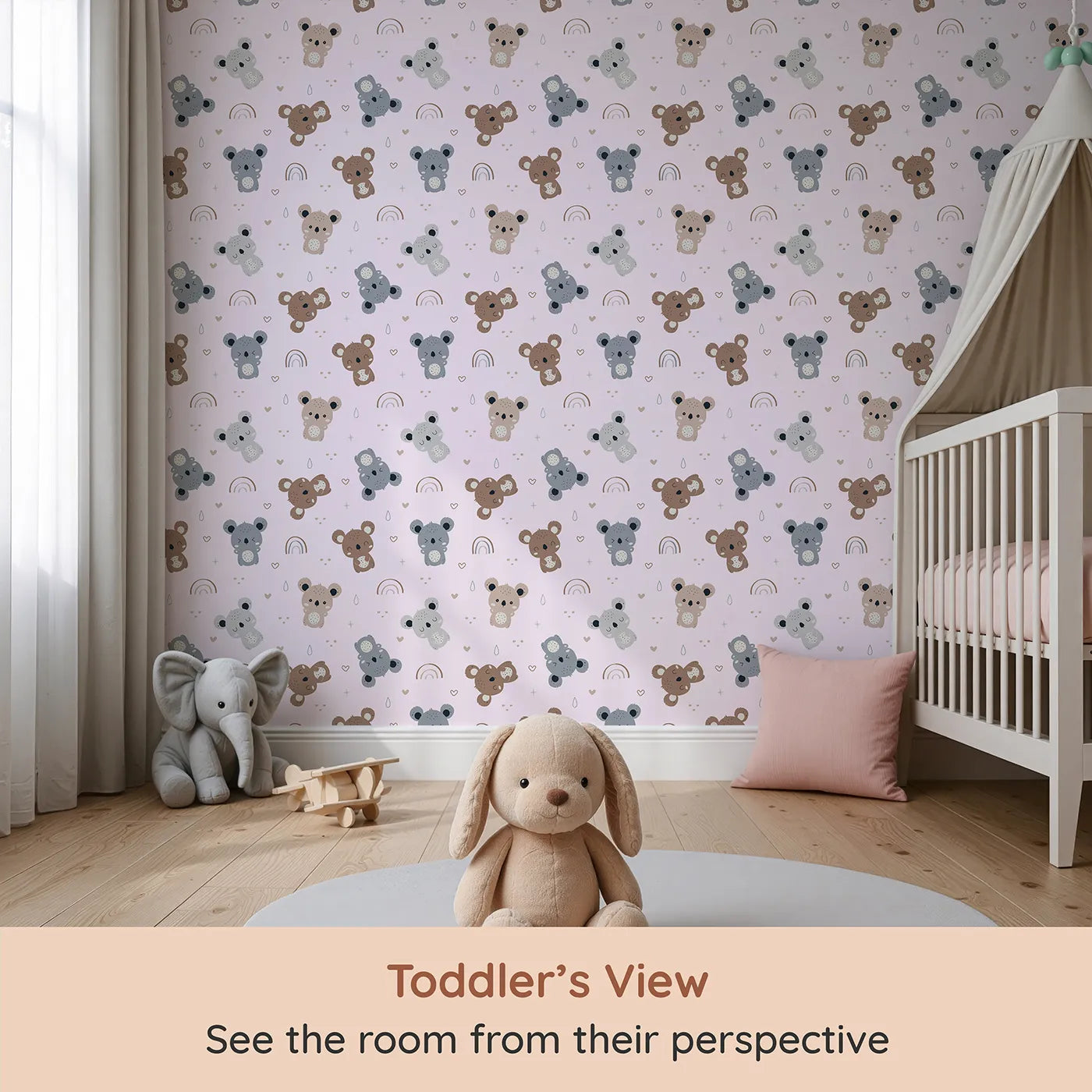 Whimsy Tots Koala Cuddle Parade Wallpaper in Pink (W3450B) from your child's view.Soft koalas drift among pink skies, hearts, and rainbows.
