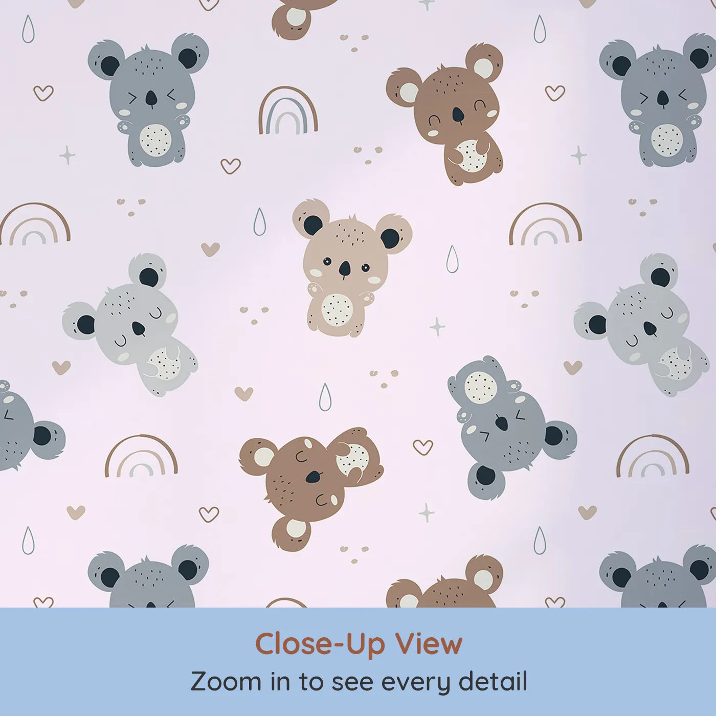 Close-up view of Whimsy Tots' Koala Cuddle Parade Wallpaper in Pink (W3450B).Soft koalas drift among pink skies, hearts, and rainbows.