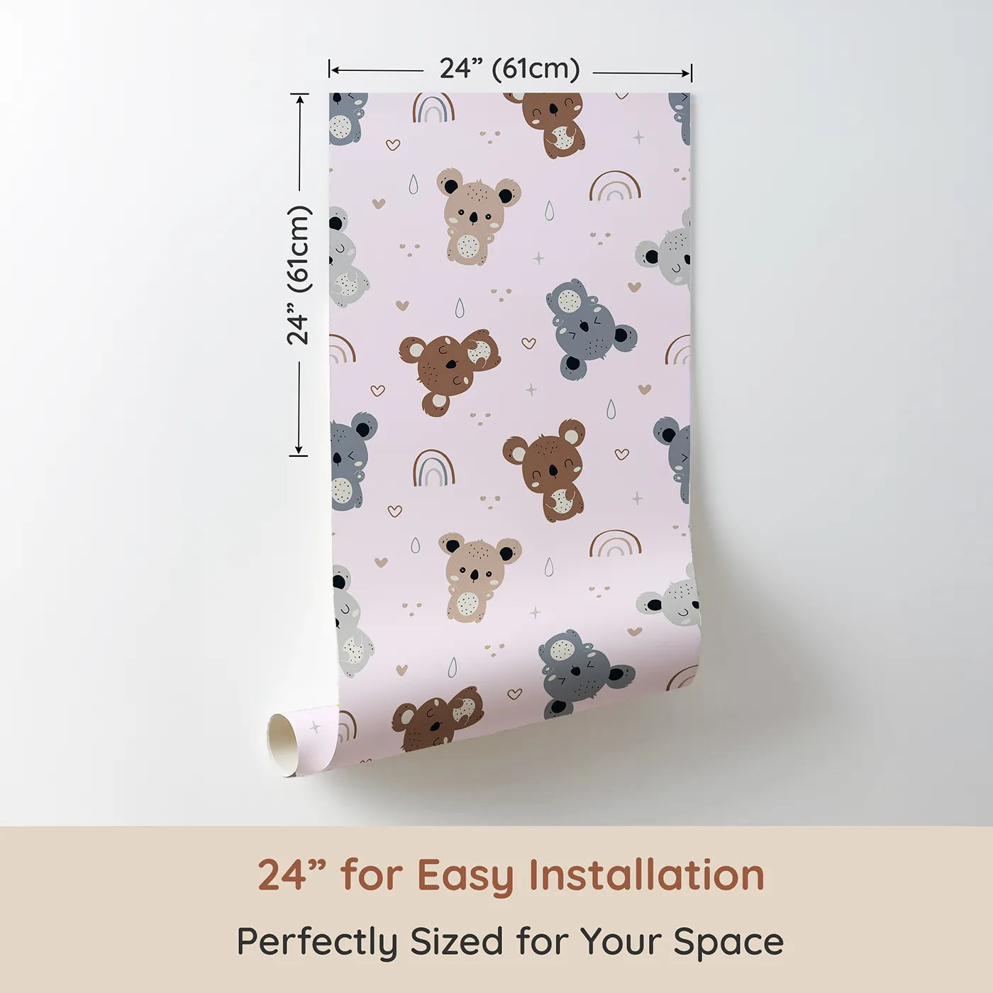Dimension view of Whimsy Tots Koala Cuddle Parade Wallpaper in Pink (W3450B). Printed in 24-inch-wide panel for easy installation. Soft koalas drift among pink skies, hearts, and rainbows.
