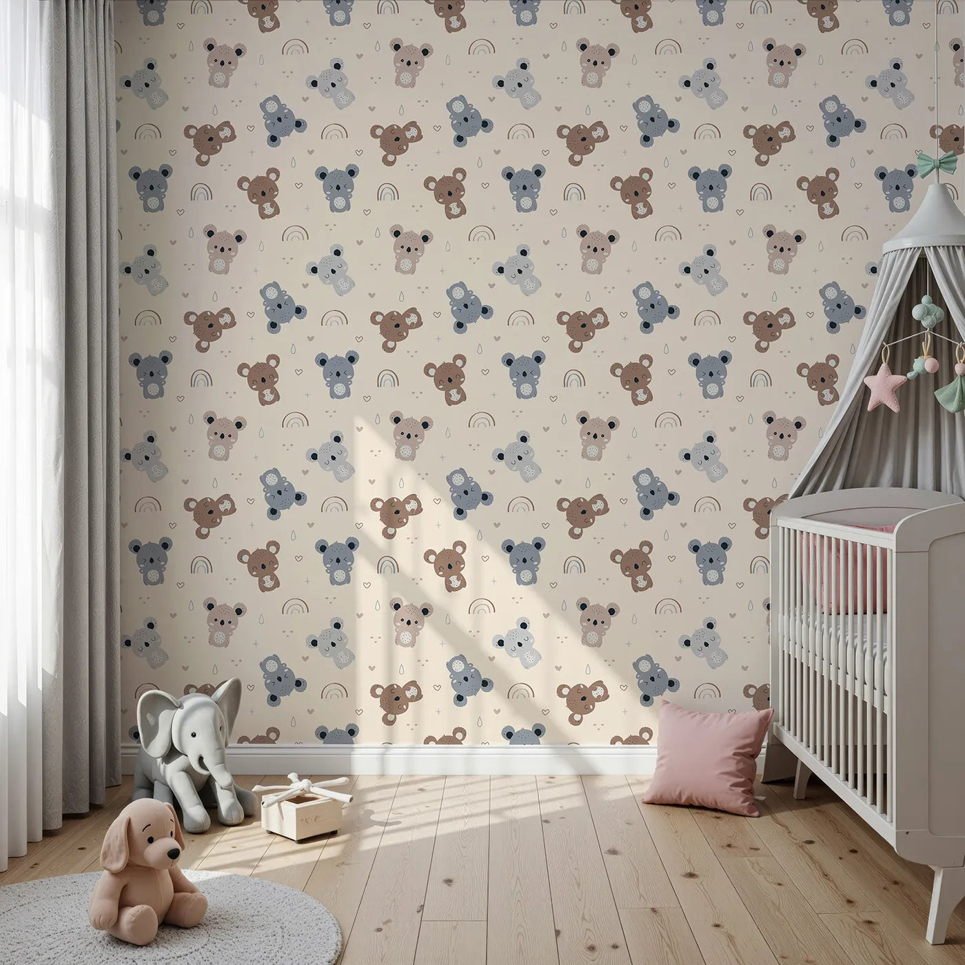 Front view of Whimsy Tots' Koala Cuddle Parade Wallpaper in Beige