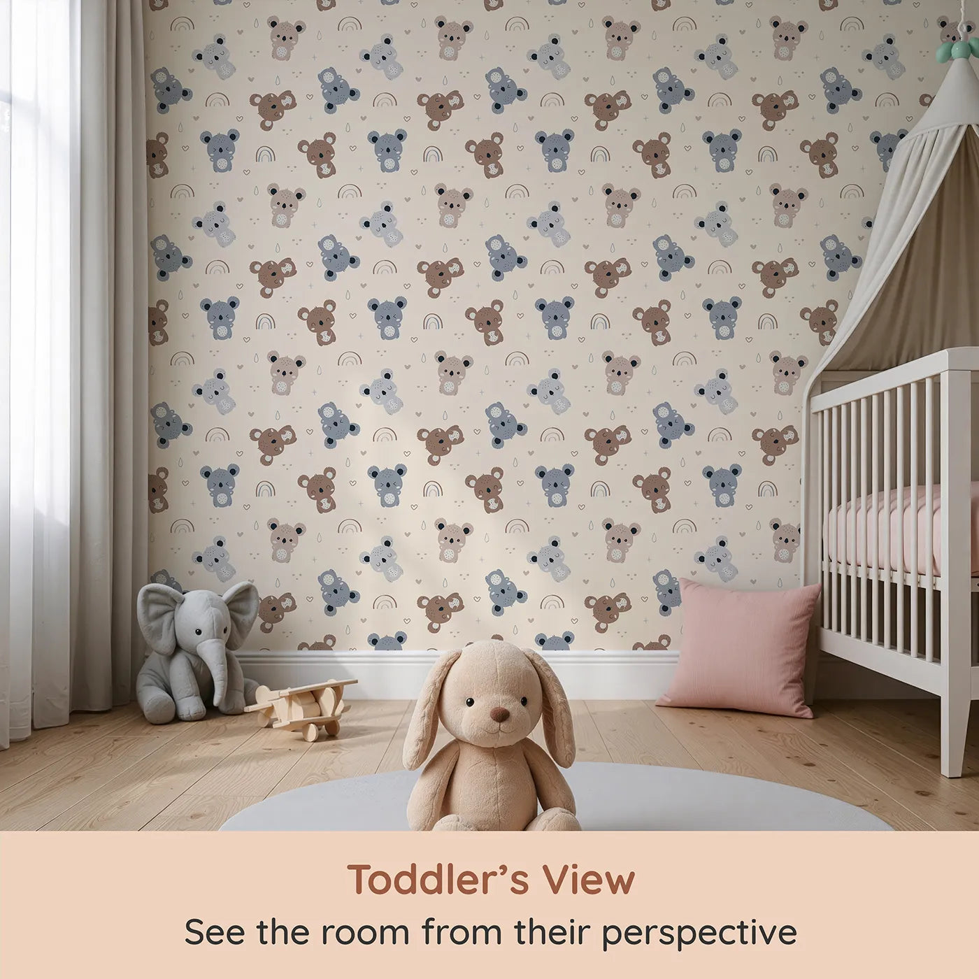 Whimsy Tots Koala Cuddle Parade Wallpaper in Beige (W3450C) from your child's view.Gentle koalas play across a warm beige sky full of soft hearts and rainbows.