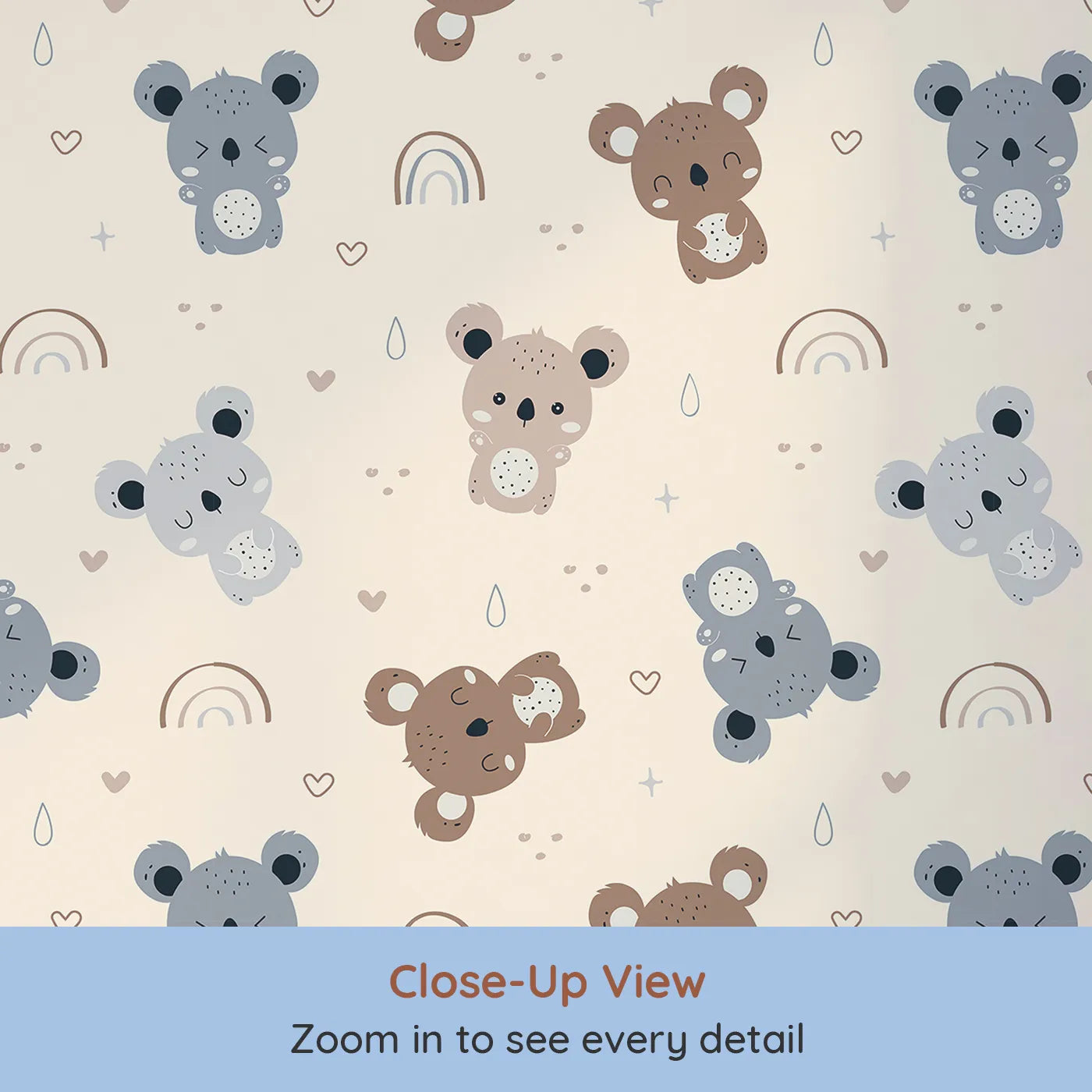 Close-up view of Whimsy Tots' Koala Cuddle Parade Wallpaper in Beige (W3450C).Gentle koalas play across a warm beige sky full of soft hearts and rainbows.
