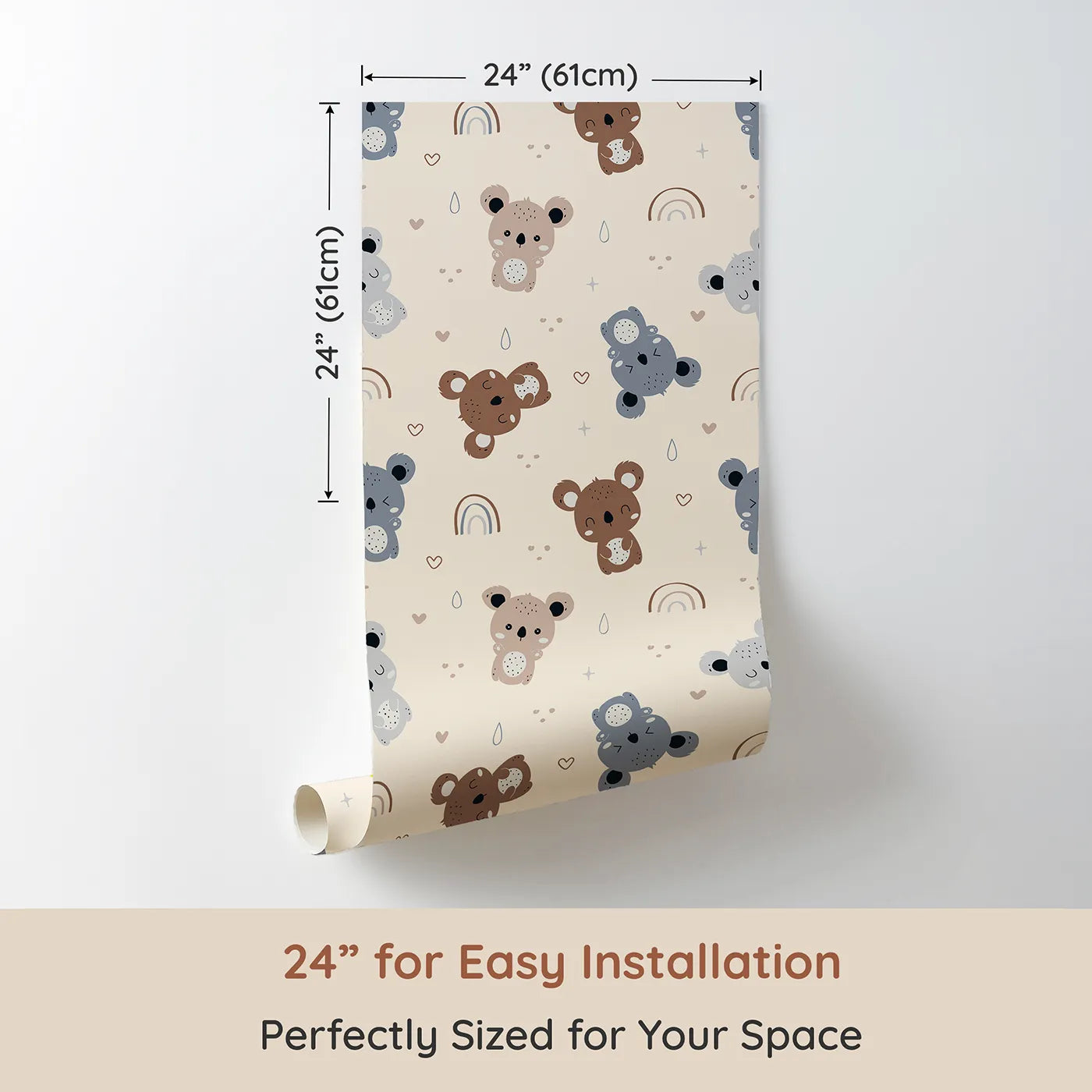 Dimension view of Whimsy Tots Koala Cuddle Parade Wallpaper in Beige (W3450C). Printed in 24-inch-wide panel for easy installation. Gentle koalas play across a warm beige sky full of soft hearts and rainbows.