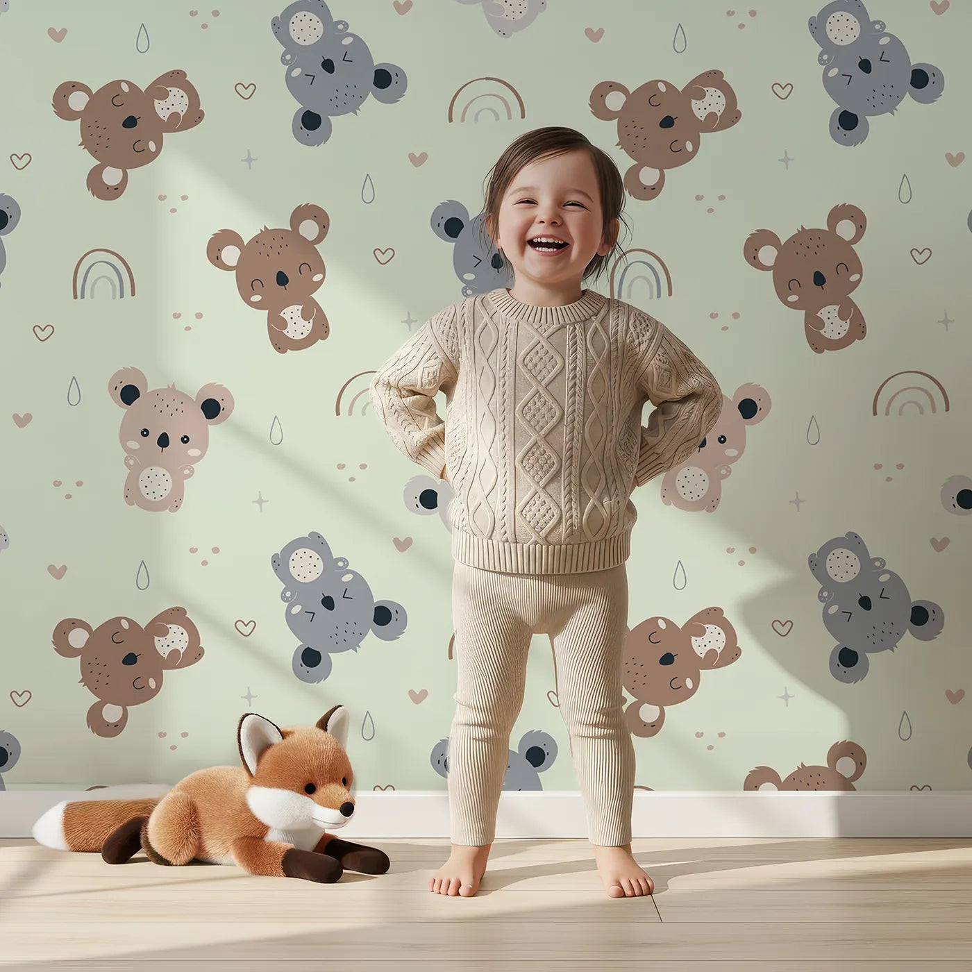 Lovely child standing in front of Whimsy Tots Koala Cuddle Parade Wallpaper in Mint Green with koala, rainbow, heart, raindrop in design.