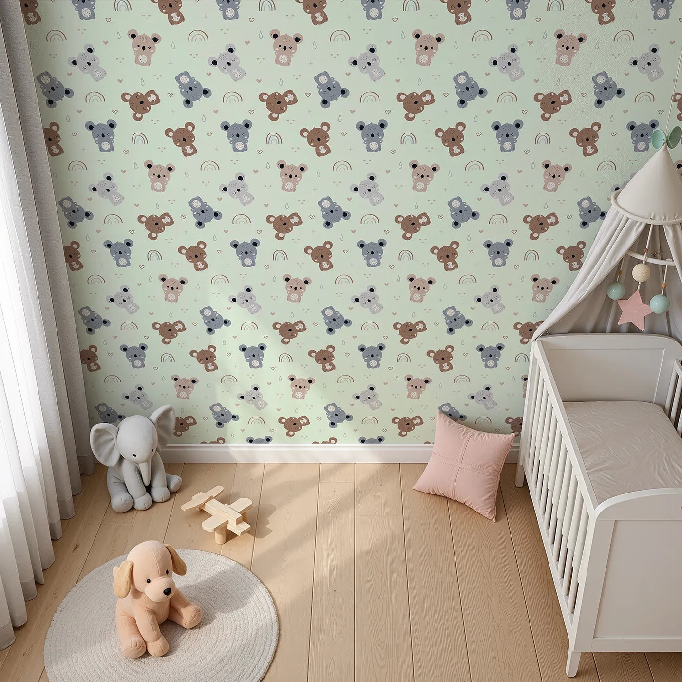 Top-Down view of Whimsy Tots' Koala Cuddle Parade Wallpaper in Mint Green (W3450D).Soft koalas drift through a pastel mint sky filled with rainbows and hearts.