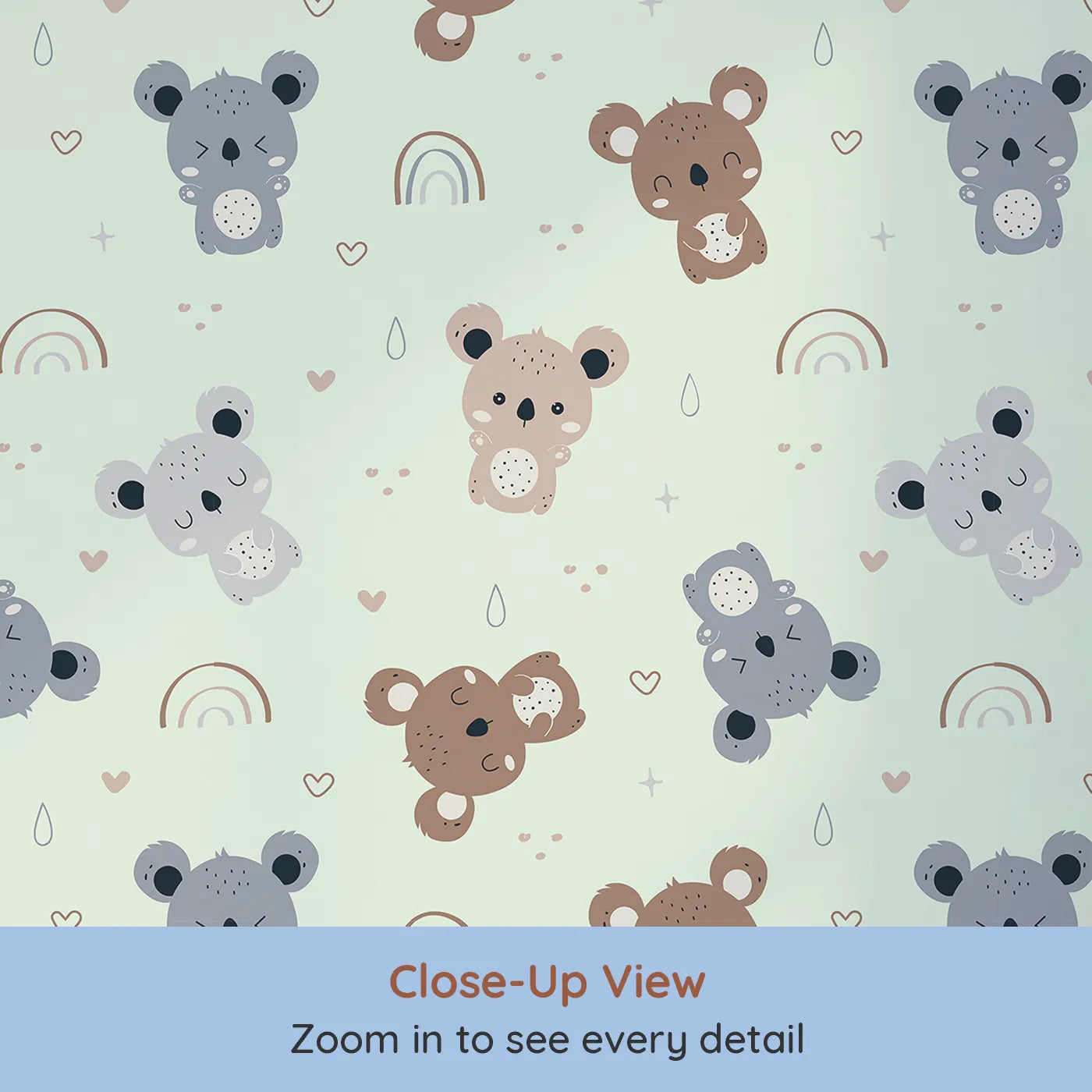 Close-up view of Whimsy Tots' Koala Cuddle Parade Wallpaper in Mint Green (W3450D).Soft koalas drift through a pastel mint sky filled with rainbows and hearts.