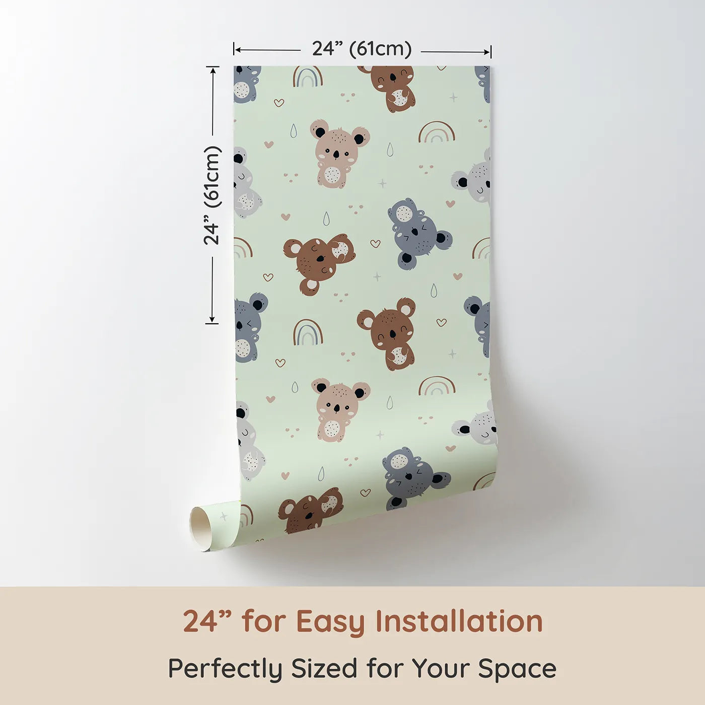 Dimension view of Whimsy Tots Koala Cuddle Parade Wallpaper in Mint Green (W3450D). Printed in 24-inch-wide panel for easy installation. Soft koalas drift through a pastel mint sky filled with rainbows and hearts.