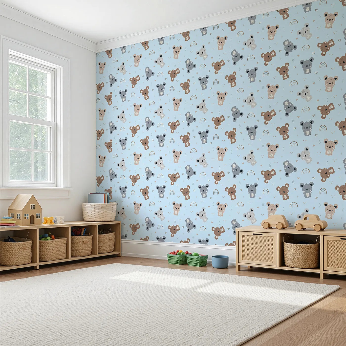Angled view of Whimsy Tots' Koala Cuddle Parade Wallpaper in Blue (W3450E).Soft koalas and gentle shapes float beneath a bright blue sky.