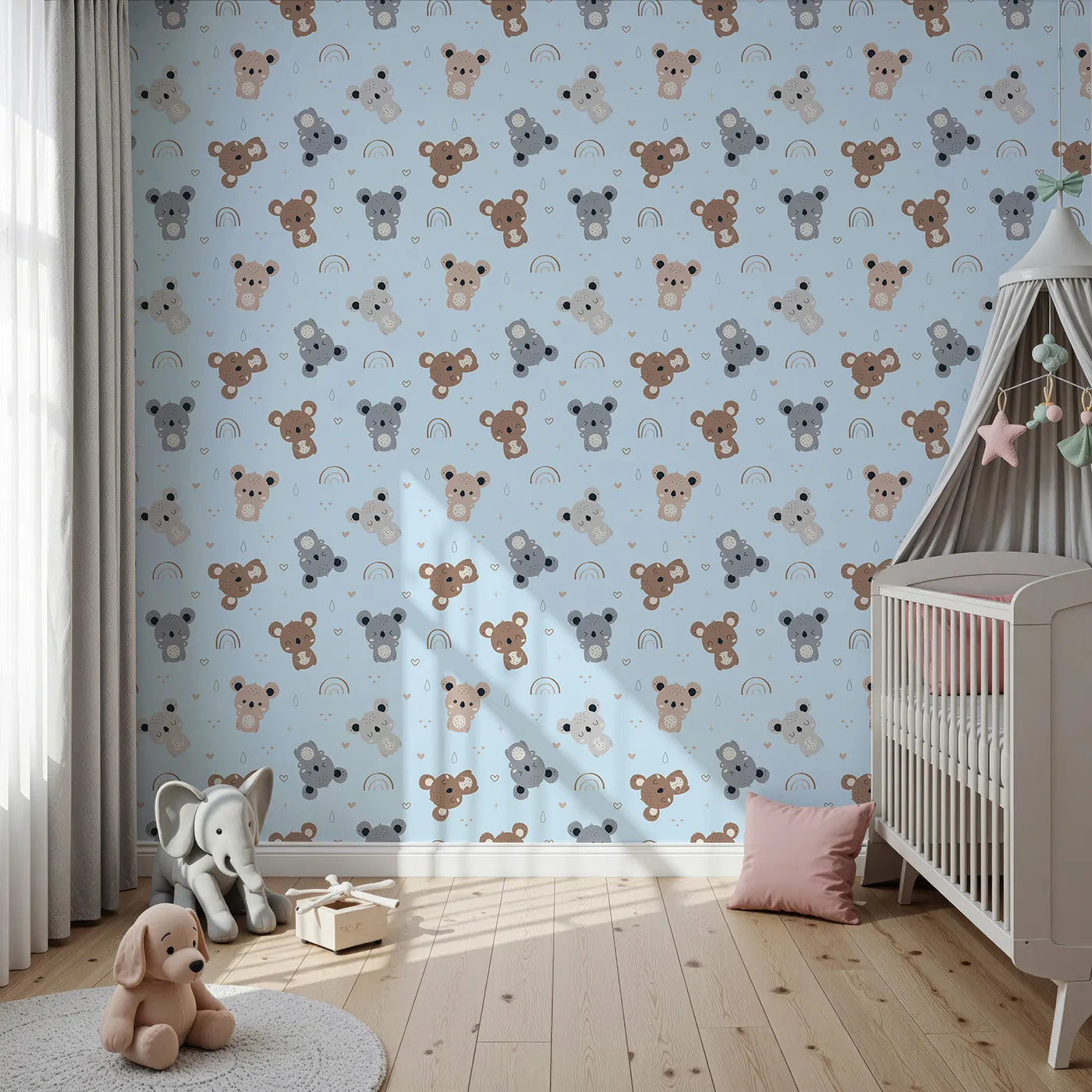 Front view of Whimsy Tots' Koala Cuddle Parade Wallpaper in Blue