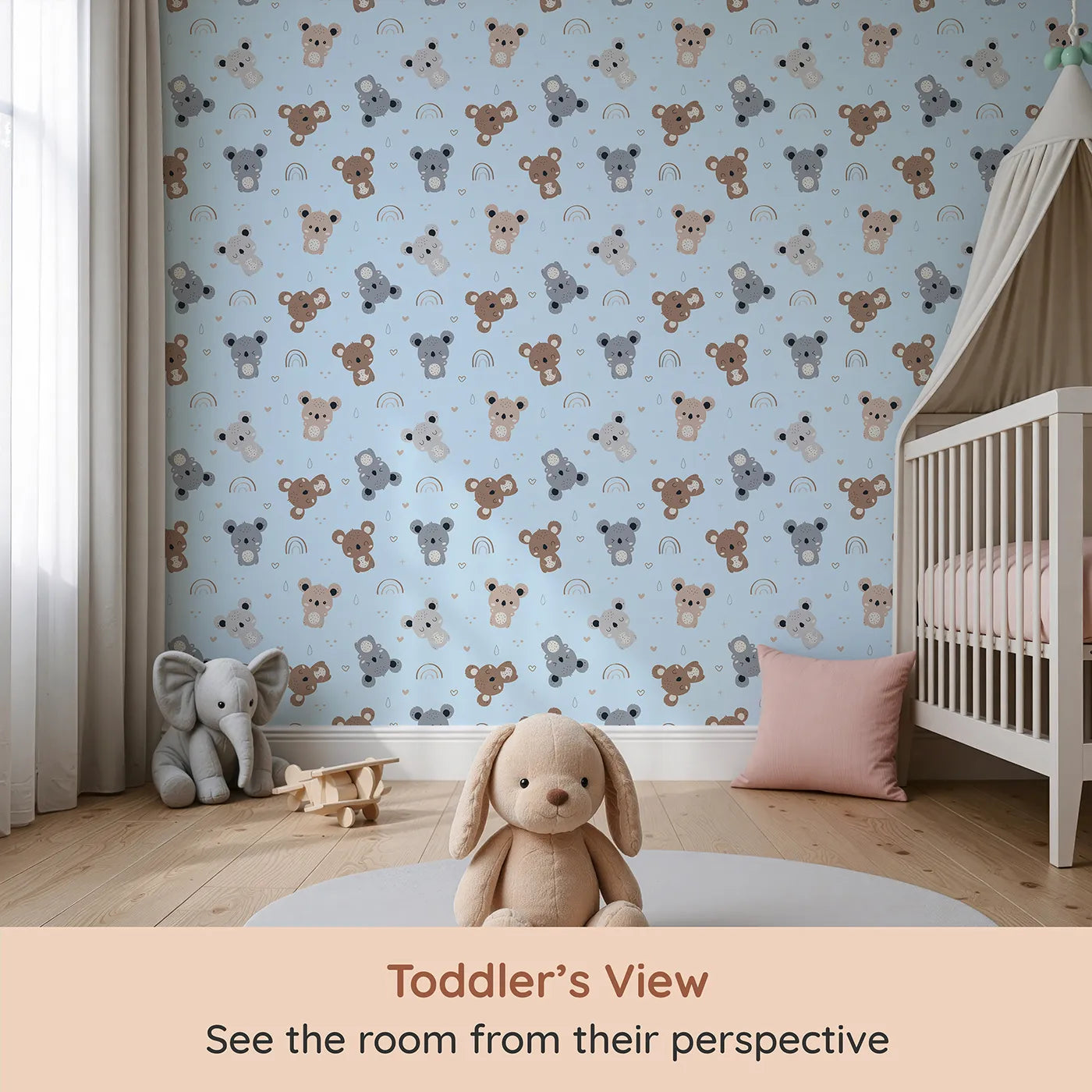 Whimsy Tots Koala Cuddle Parade Wallpaper in Blue (W3450E) from your child's view.Soft koalas and gentle shapes float beneath a bright blue sky.