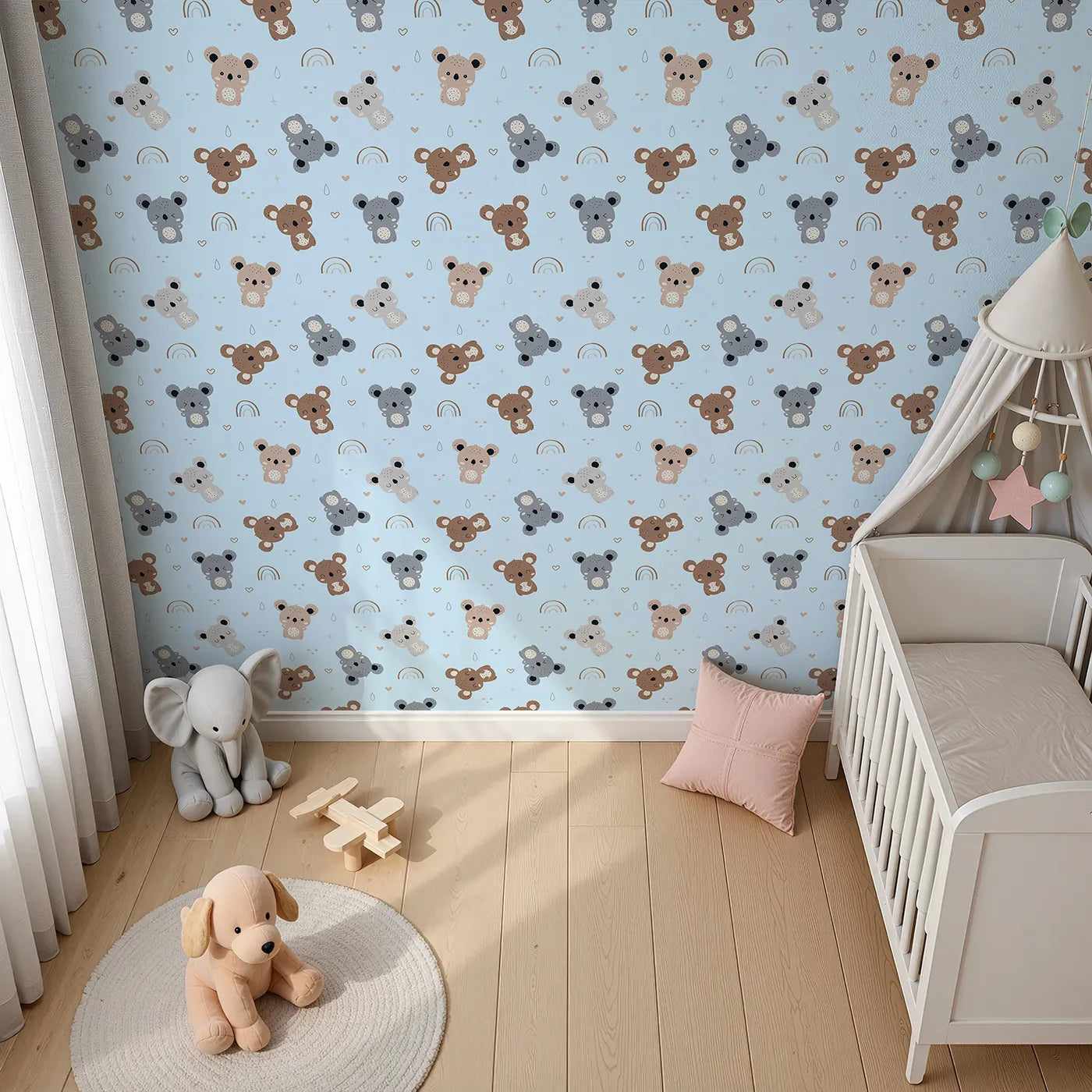 Top-Down view of Whimsy Tots' Koala Cuddle Parade Wallpaper in Blue (W3450E).Soft koalas and gentle shapes float beneath a bright blue sky.