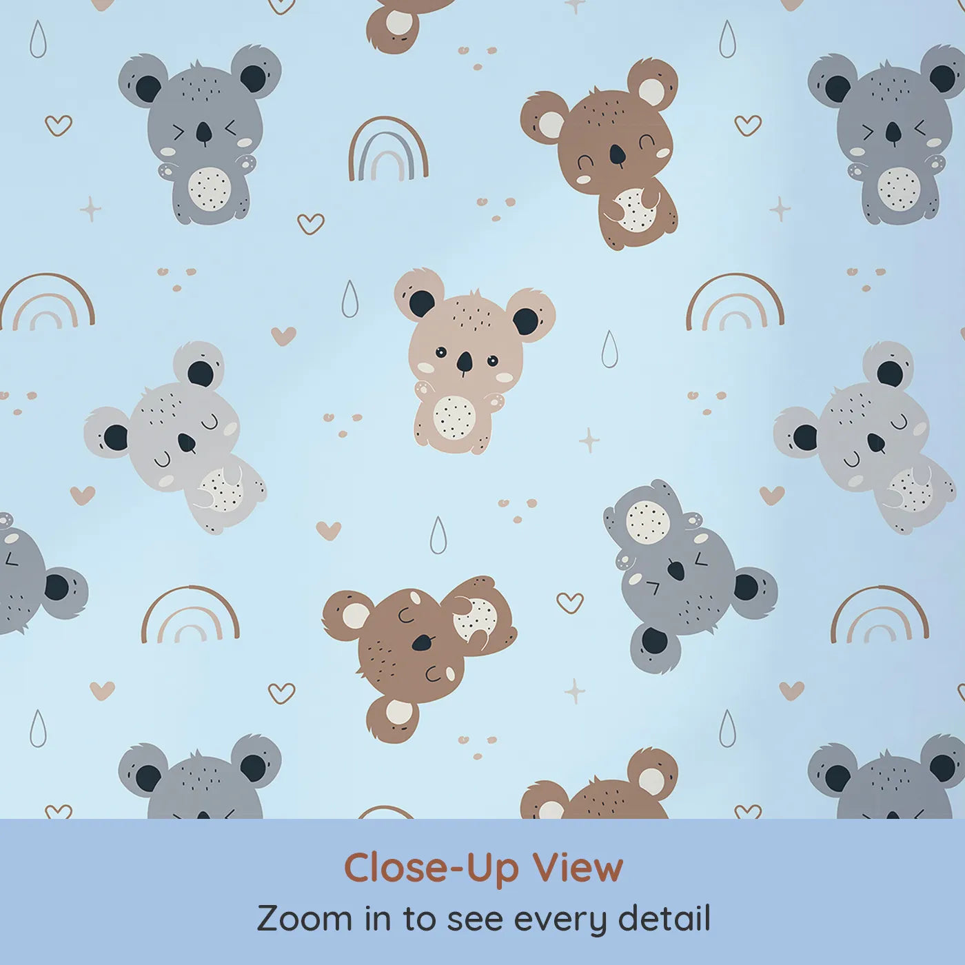 Close-up view of Whimsy Tots' Koala Cuddle Parade Wallpaper in Blue (W3450E).Soft koalas and gentle shapes float beneath a bright blue sky.