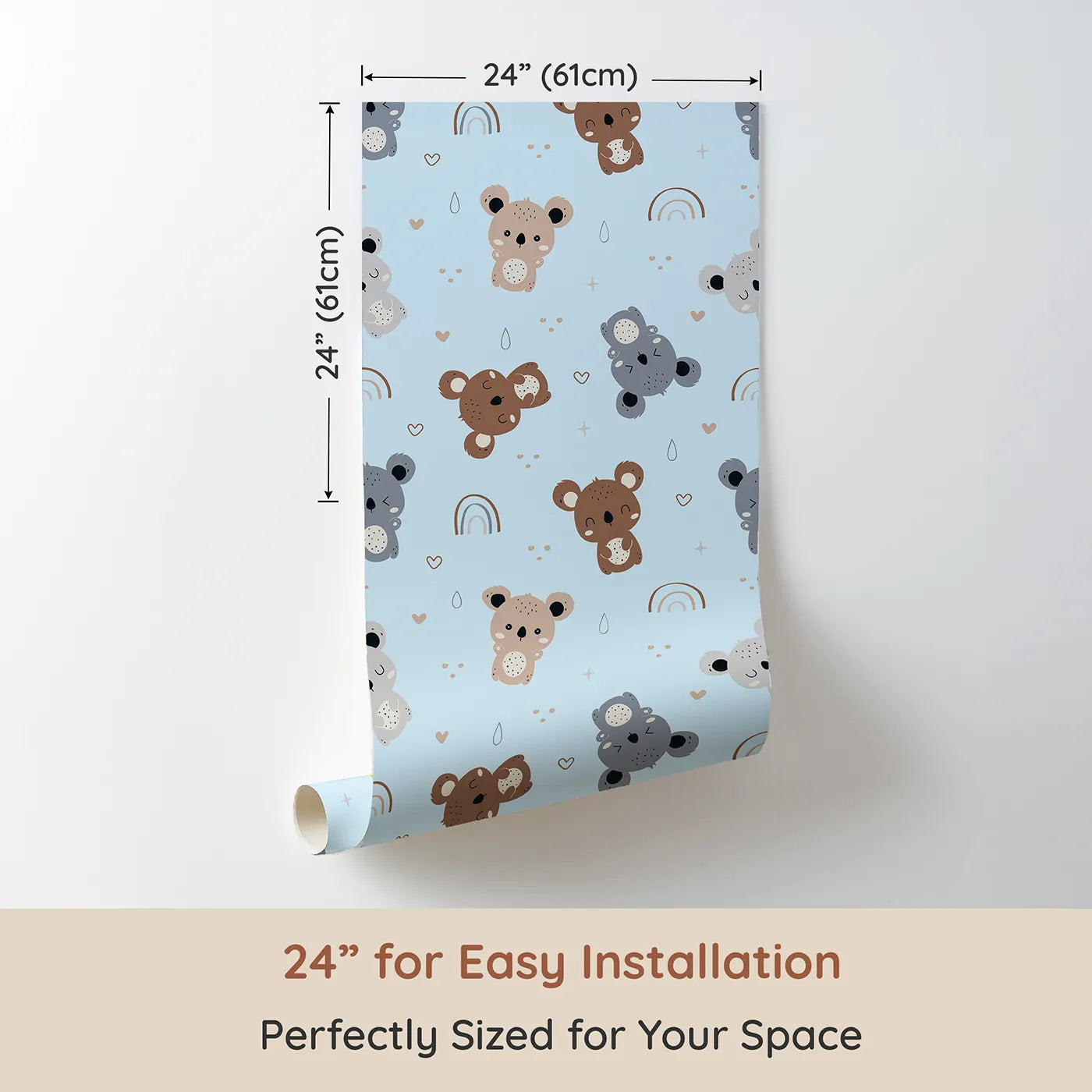 Dimension view of Whimsy Tots Koala Cuddle Parade Wallpaper in Blue (W3450E). Printed in 24-inch-wide panel for easy installation. Soft koalas and gentle shapes float beneath a bright blue sky.