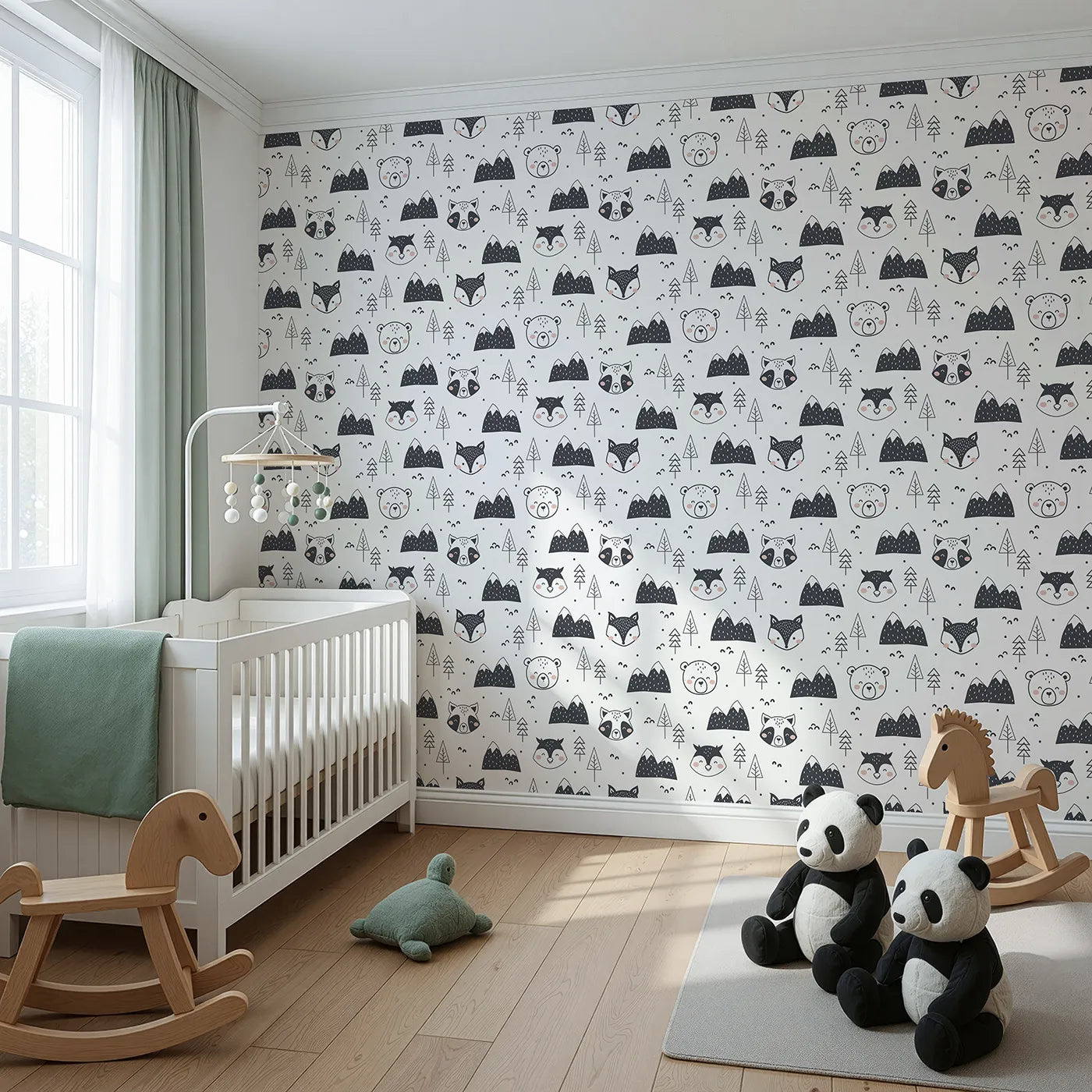 Angled view of Whimsy Tots' Woodland Peekaboo Friends Wallpaper (W3451A).Happy woodland animals peek from behind mountains and trees.
