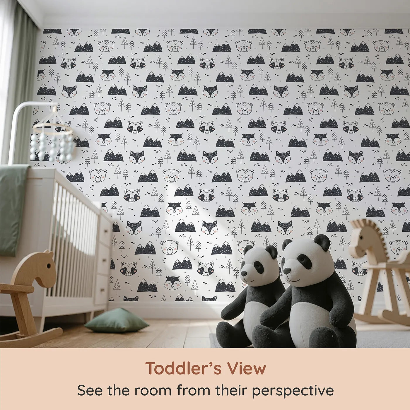 Whimsy Tots Woodland Peekaboo Friends Wallpaper (W3451A) from your child's view.Happy woodland animals peek from behind mountains and trees.