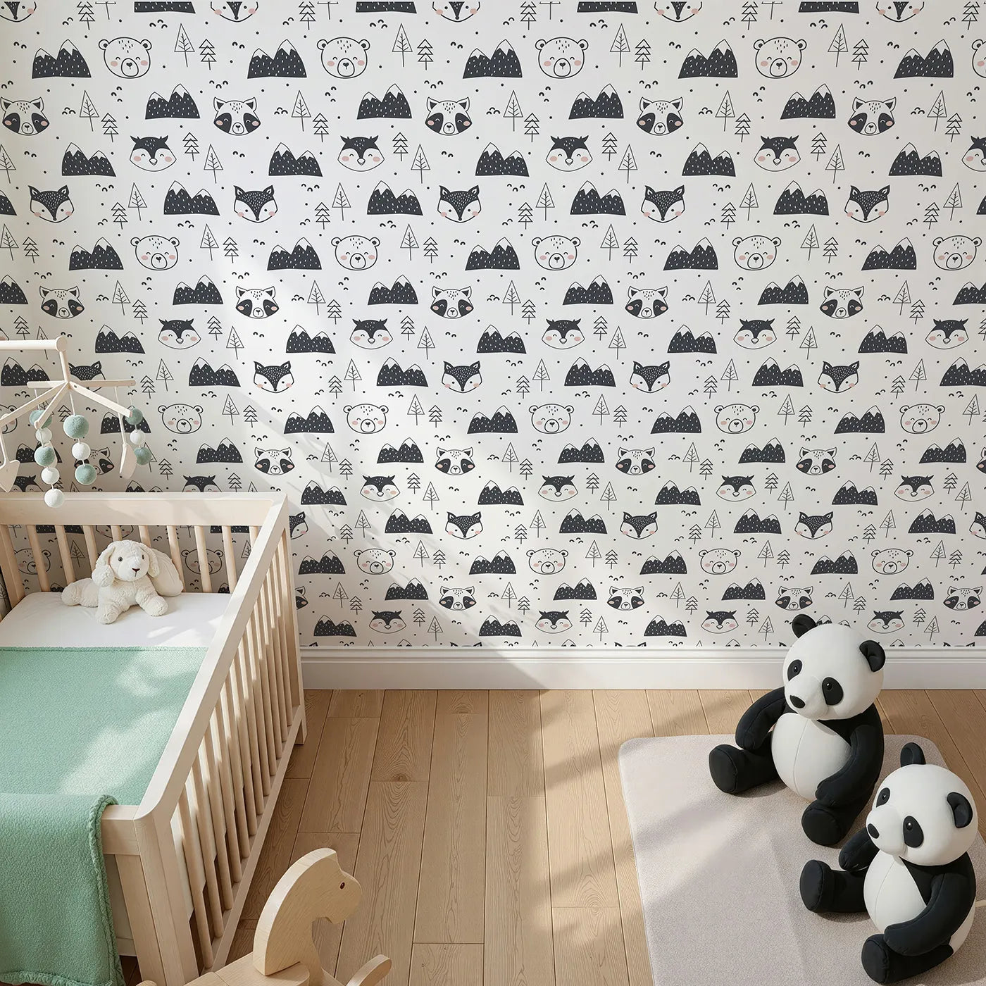 Top-Down view of Whimsy Tots' Woodland Peekaboo Friends Wallpaper (W3451A).Happy woodland animals peek from behind mountains and trees.