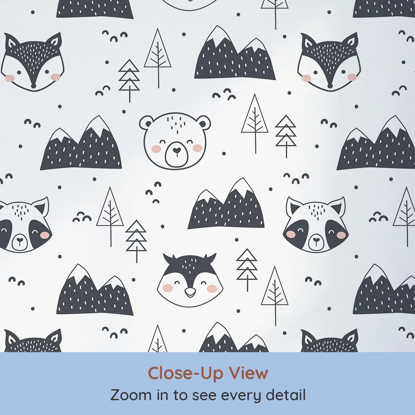 Close-up view of Whimsy Tots' Woodland Peekaboo Friends Wallpaper (W3451A).Happy woodland animals peek from behind mountains and trees.