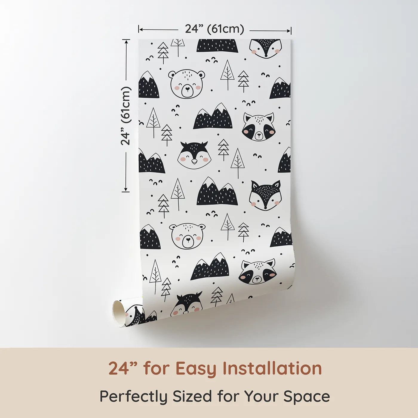 Dimension view of Whimsy Tots Woodland Peekaboo Friends Wallpaper (W3451A). Printed in 24-inch-wide panel for easy installation. Happy woodland animals peek from behind mountains and trees.