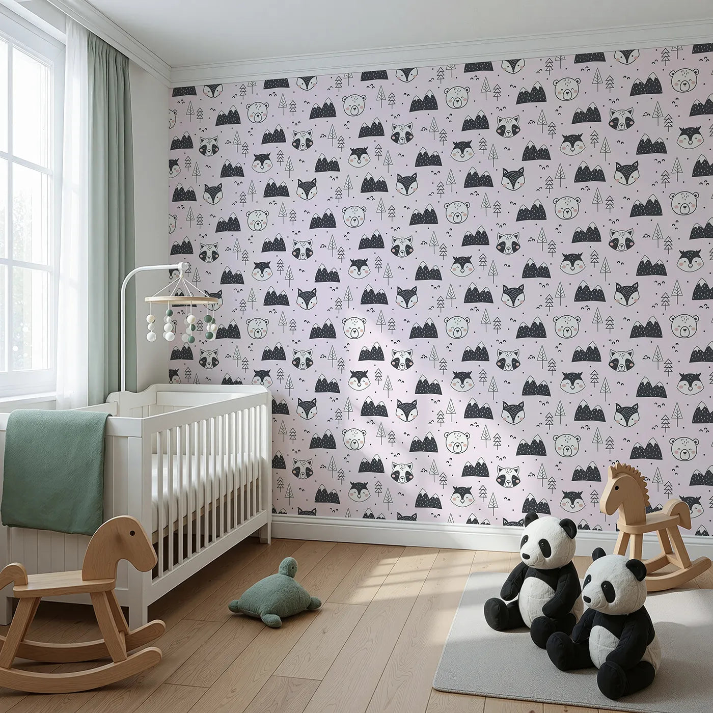 Angled view of Whimsy Tots' Woodland Peekaboo Friends Wallpaper in Pink (W3451B).Woodland animals and snowy peaks peek through a soft pink sky.