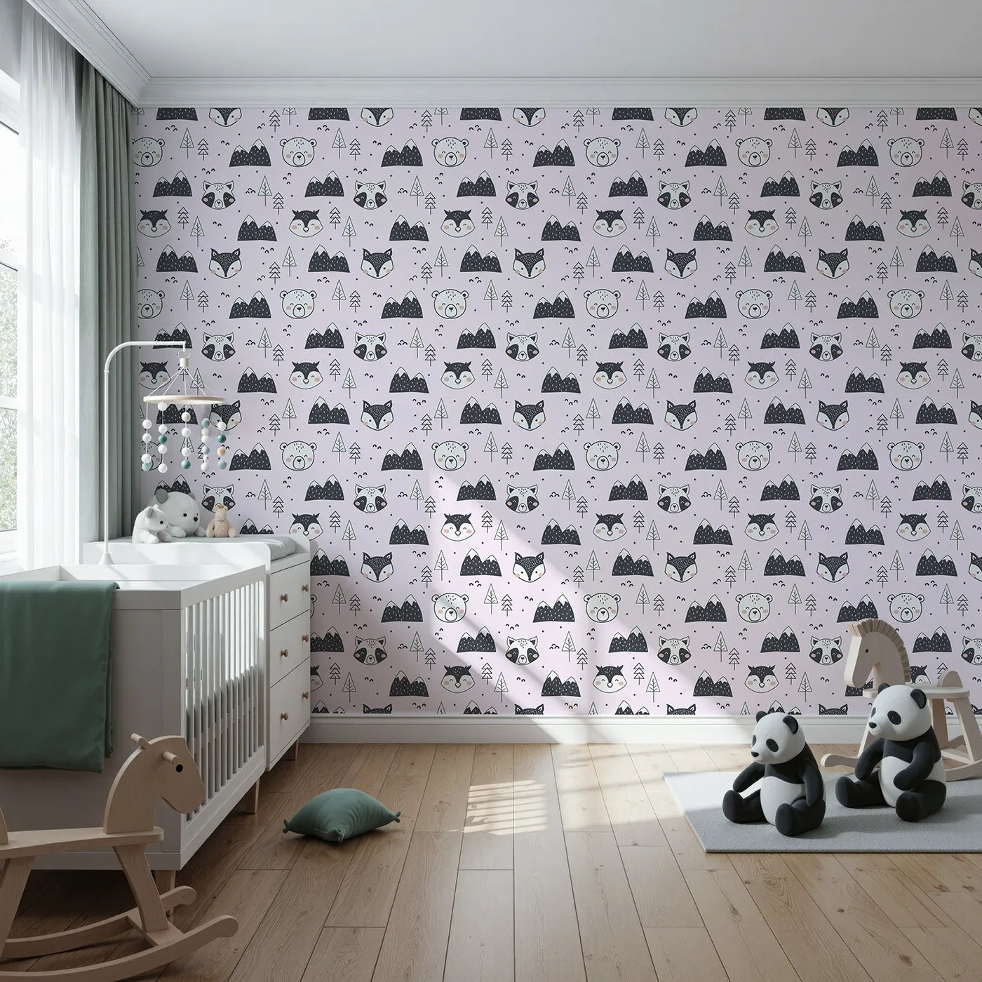Front view of Whimsy Tots' Woodland Peekaboo Friends Wallpaper in Pink