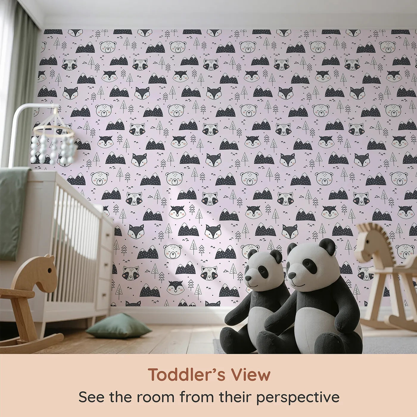 Whimsy Tots Woodland Peekaboo Friends Wallpaper in Pink (W3451B) from your child's view.Woodland animals and snowy peaks peek through a soft pink sky.