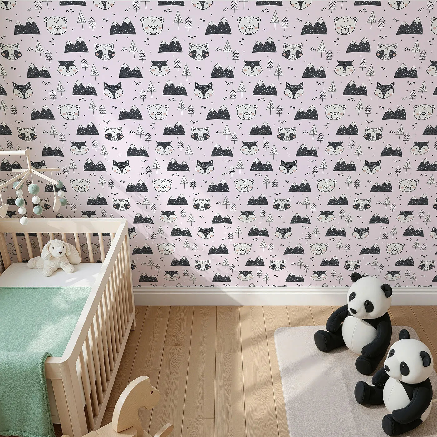 Top-Down view of Whimsy Tots' Woodland Peekaboo Friends Wallpaper in Pink (W3451B).Woodland animals and snowy peaks peek through a soft pink sky.