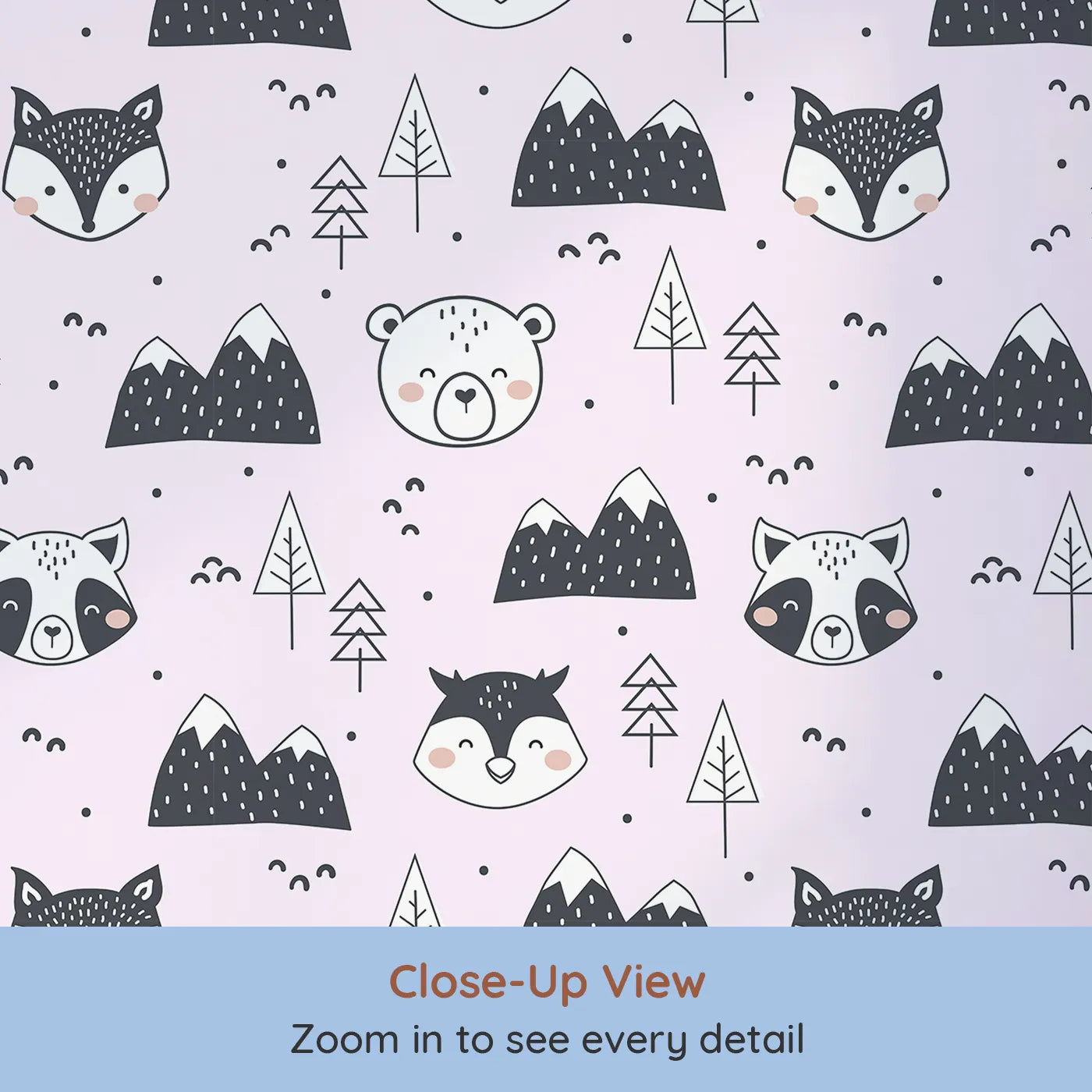 Close-up view of Whimsy Tots' Woodland Peekaboo Friends Wallpaper in Pink (W3451B).Woodland animals and snowy peaks peek through a soft pink sky.