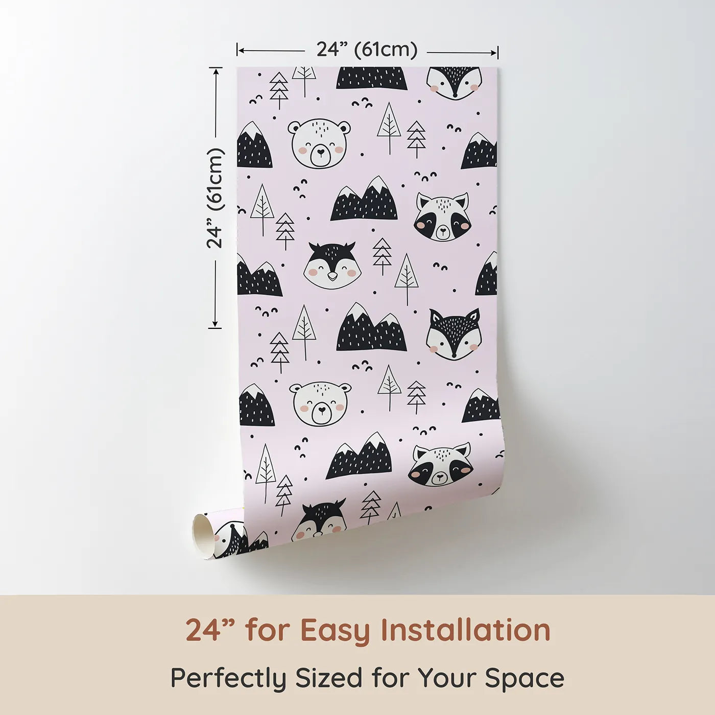 Dimension view of Whimsy Tots Woodland Peekaboo Friends Wallpaper in Pink (W3451B). Printed in 24-inch-wide panel for easy installation. Woodland animals and snowy peaks peek through a soft pink sky.