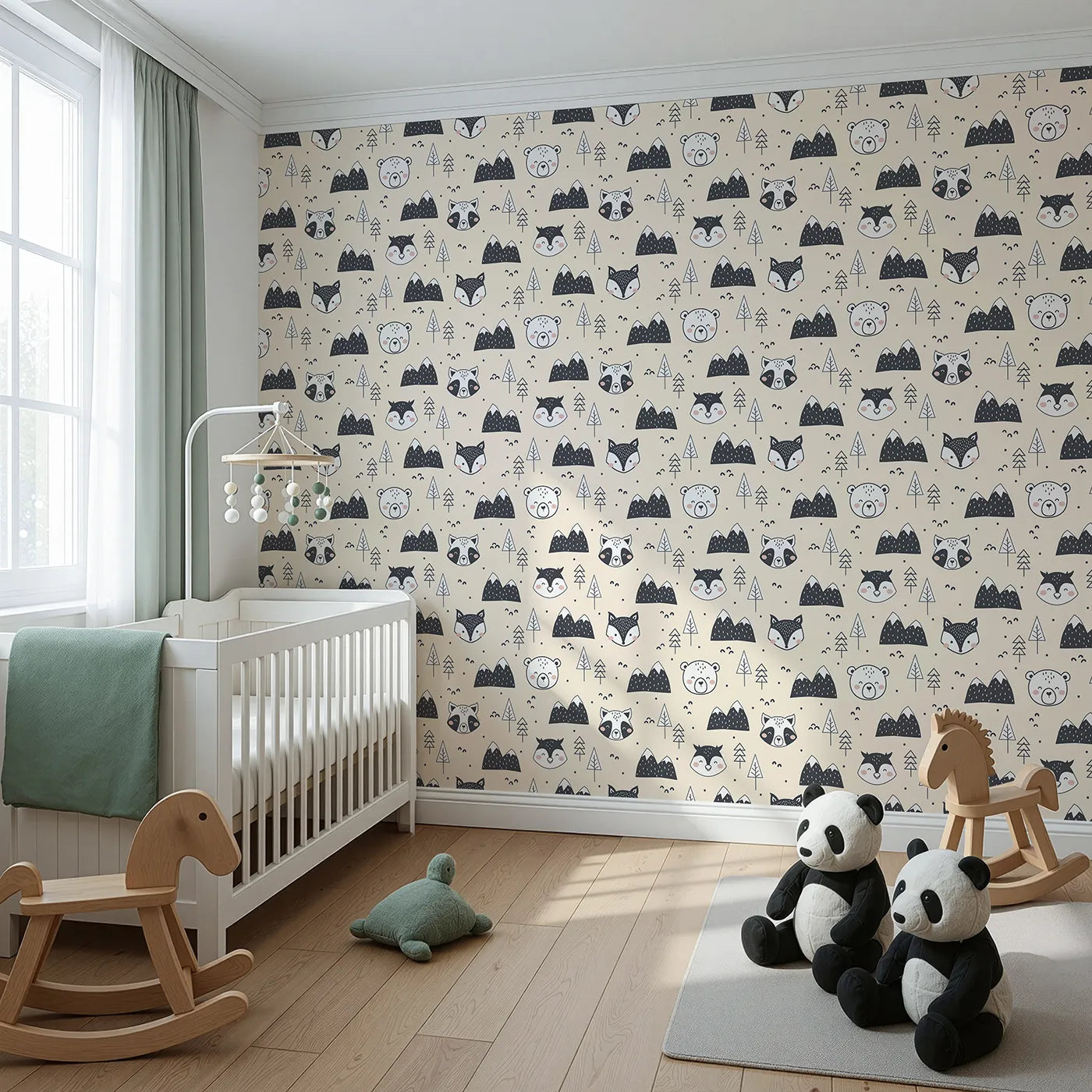 Angled view of Whimsy Tots' Woodland Peekaboo Friends Wallpaper in Beige (W3451C).Raccoons, owls, and bears peek through a warm woodland scene.