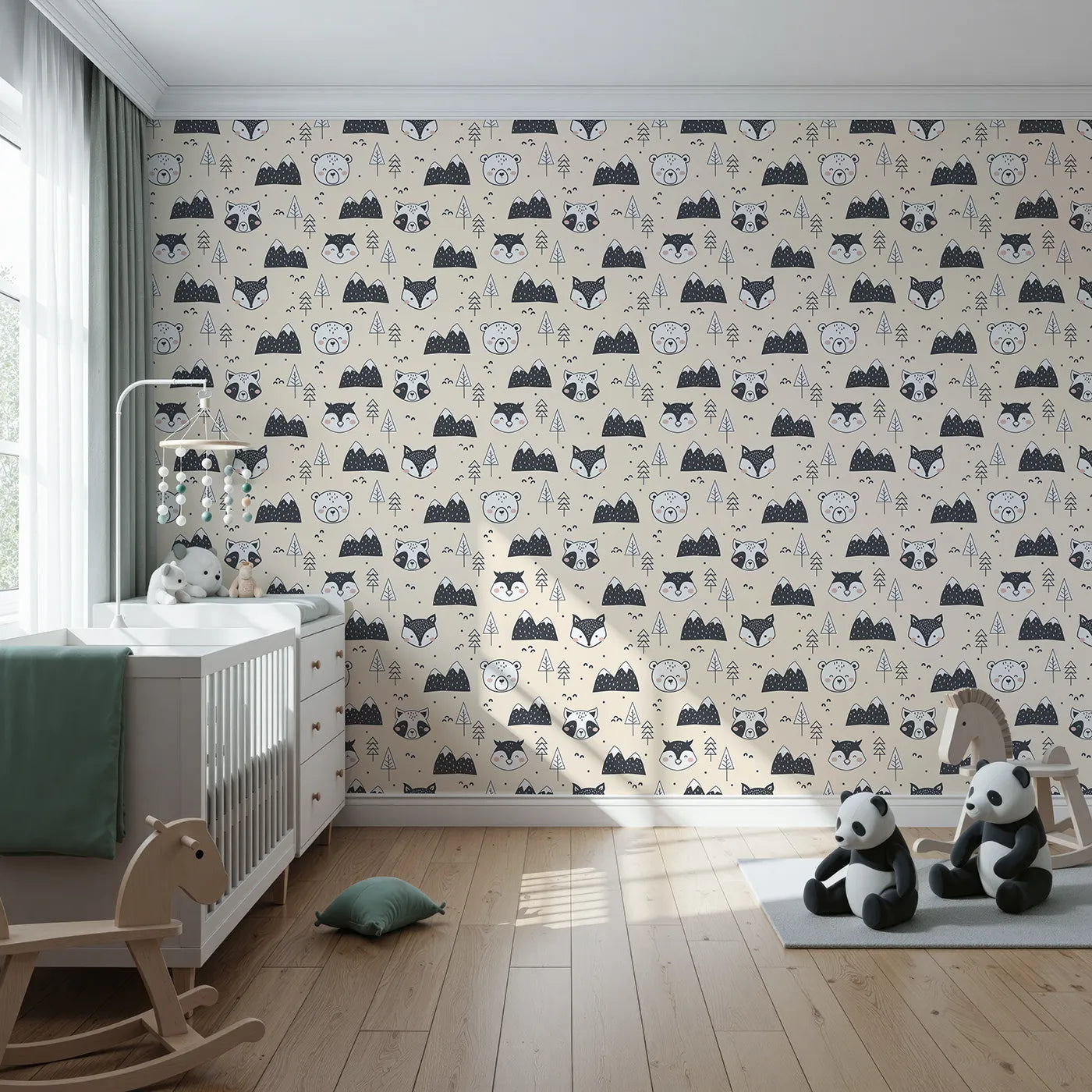 Front view of Whimsy Tots' Woodland Peekaboo Friends Wallpaper in Beige