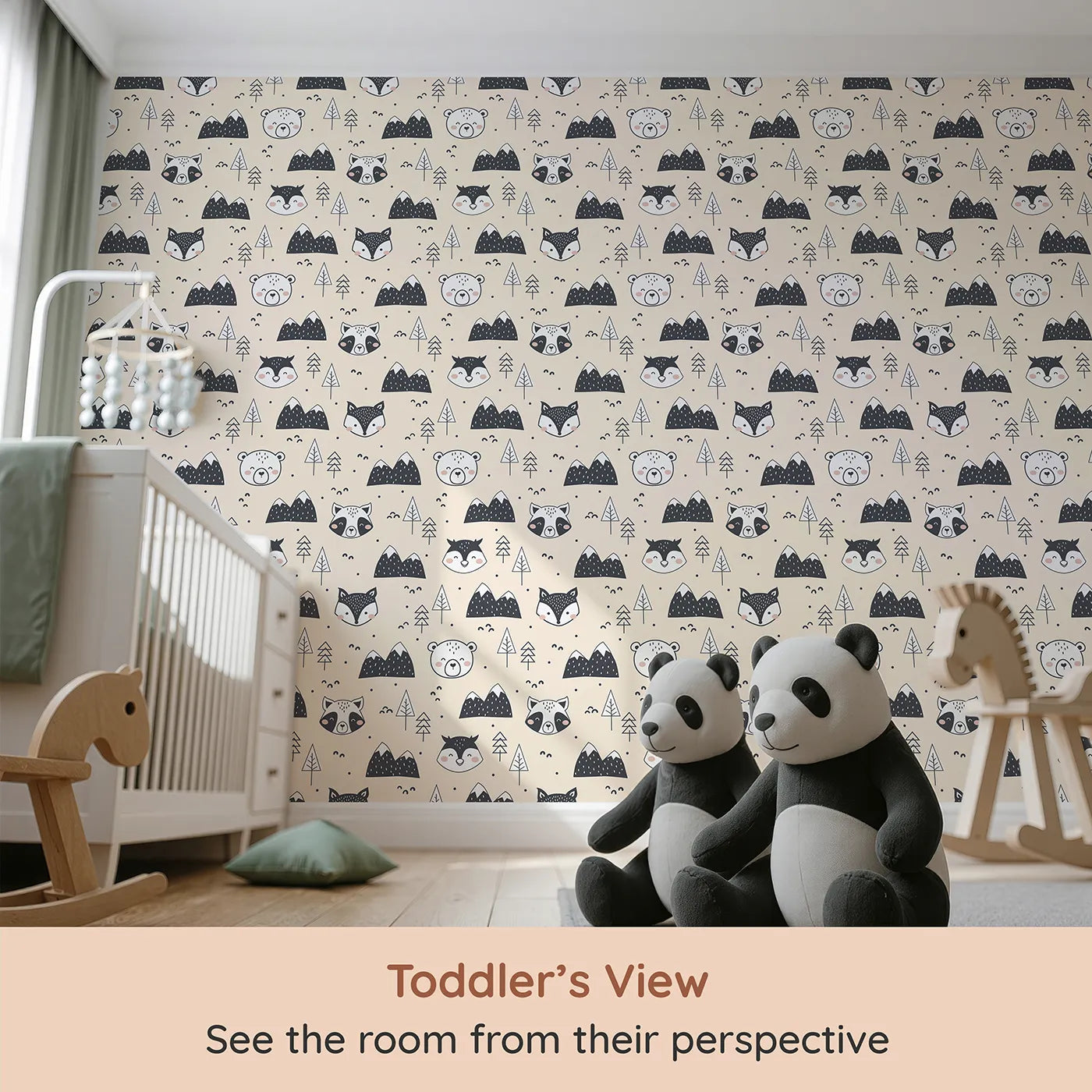 Whimsy Tots Woodland Peekaboo Friends Wallpaper in Beige (W3451C) from your child's view.Raccoons, owls, and bears peek through a warm woodland scene.