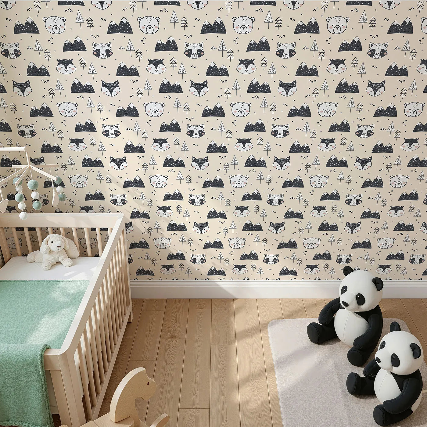Top-Down view of Whimsy Tots' Woodland Peekaboo Friends Wallpaper in Beige (W3451C).Raccoons, owls, and bears peek through a warm woodland scene.