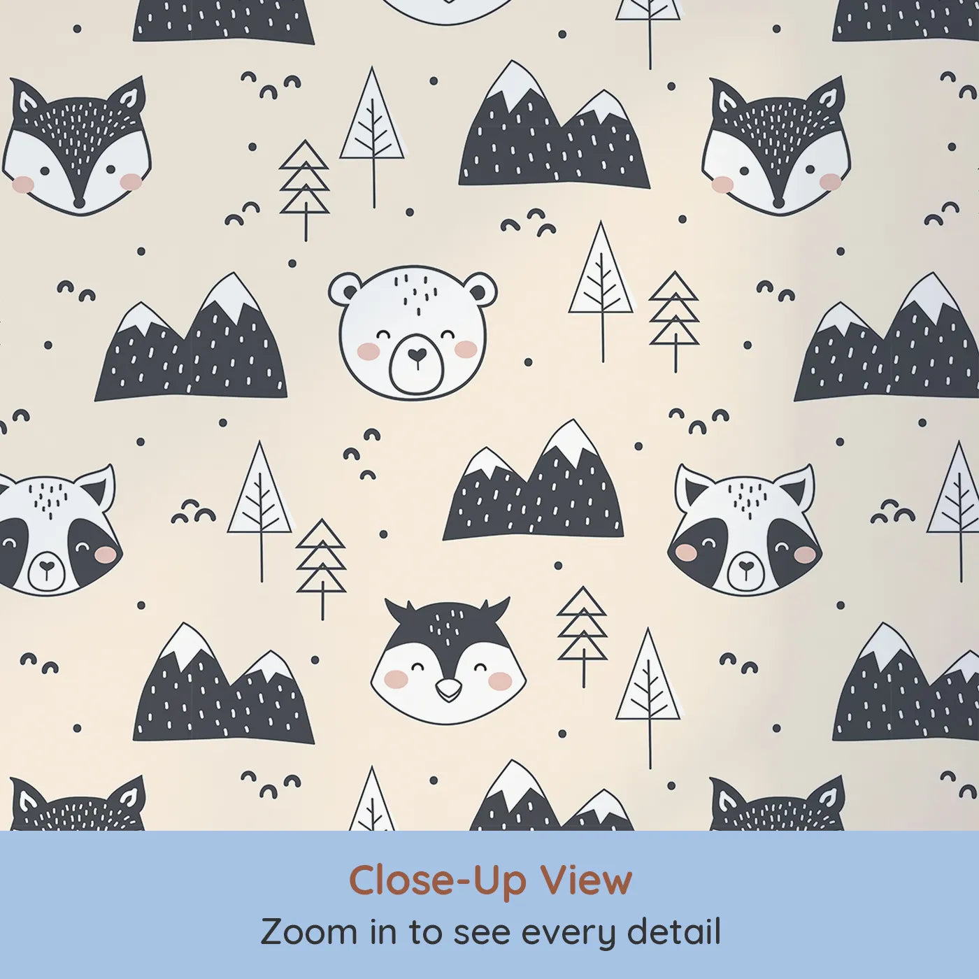 Close-up view of Whimsy Tots' Woodland Peekaboo Friends Wallpaper in Beige (W3451C).Raccoons, owls, and bears peek through a warm woodland scene.