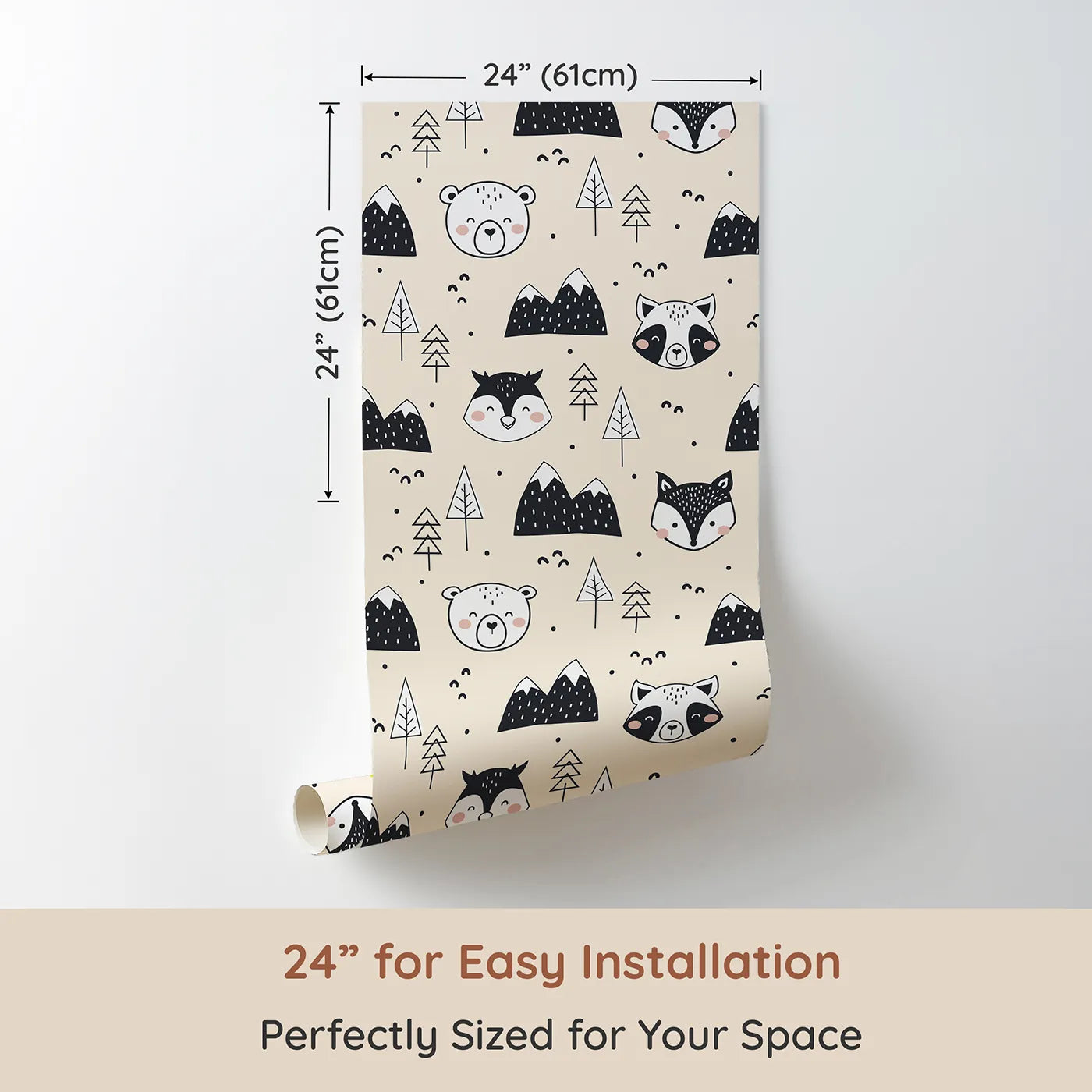 Dimension view of Whimsy Tots Woodland Peekaboo Friends Wallpaper in Beige (W3451C). Printed in 24-inch-wide panel for easy installation. Raccoons, owls, and bears peek through a warm woodland scene.