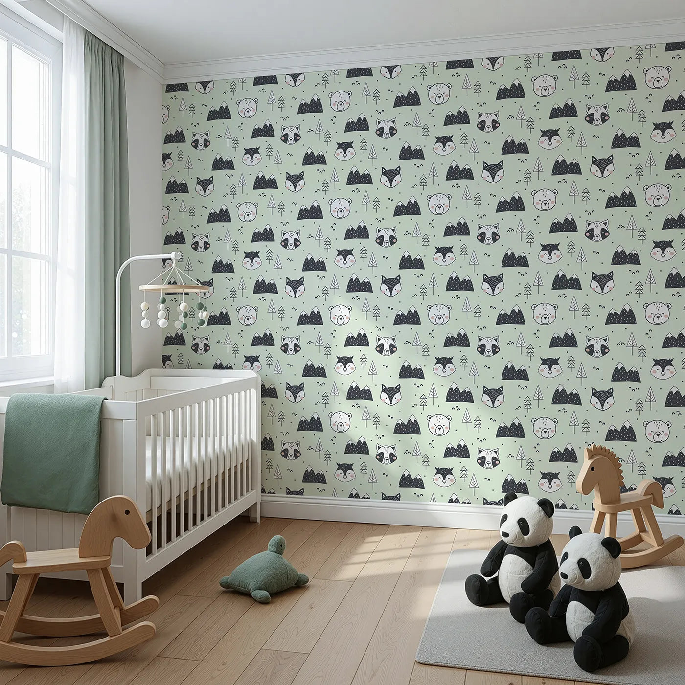 Angled view of Whimsy Tots' Woodland Peekaboo Friends Wallpaper in Mint Green (W3451D).Charming woodland animals peek from trees and mountains under a minty sky.