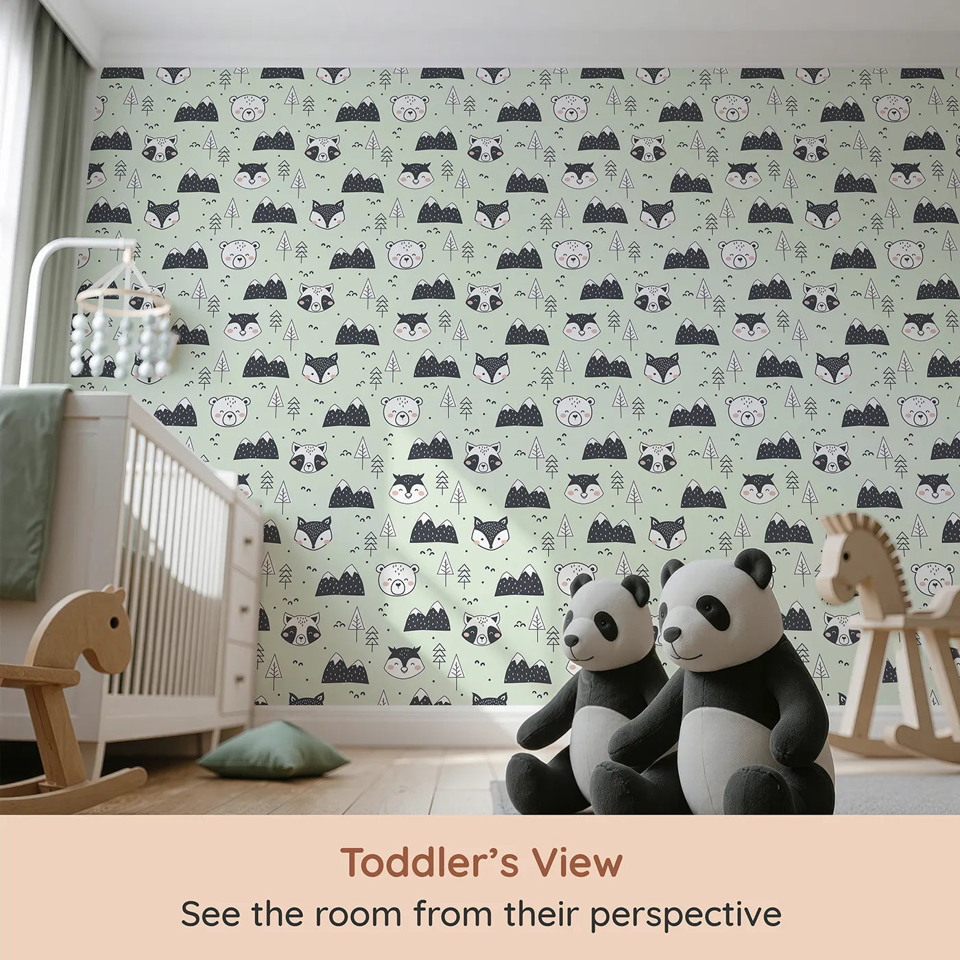 Whimsy Tots Woodland Peekaboo Friends Wallpaper in Mint Green (W3451D) from your child's view.Charming woodland animals peek from trees and mountains under a minty sky.