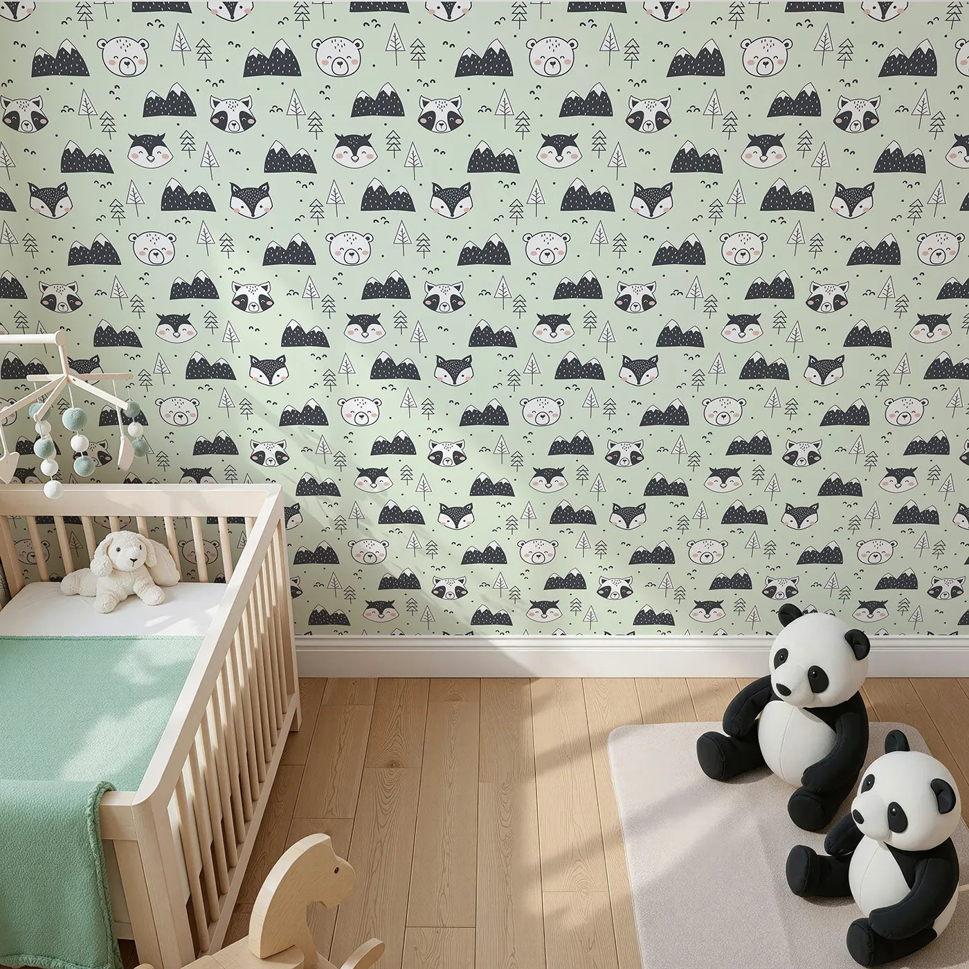 Top-Down view of Whimsy Tots' Woodland Peekaboo Friends Wallpaper in Mint Green (W3451D).Charming woodland animals peek from trees and mountains under a minty sky.