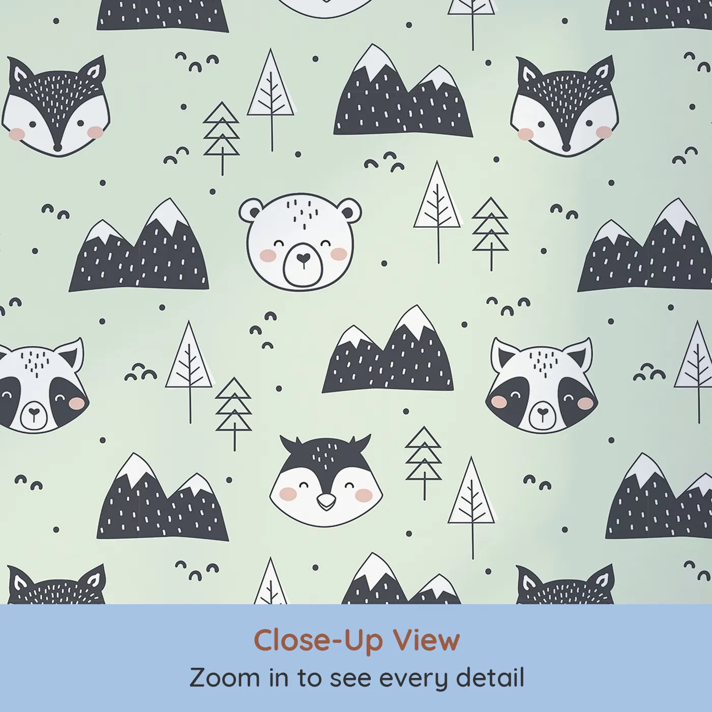 Close-up view of Whimsy Tots' Woodland Peekaboo Friends Wallpaper in Mint Green (W3451D).Charming woodland animals peek from trees and mountains under a minty sky.