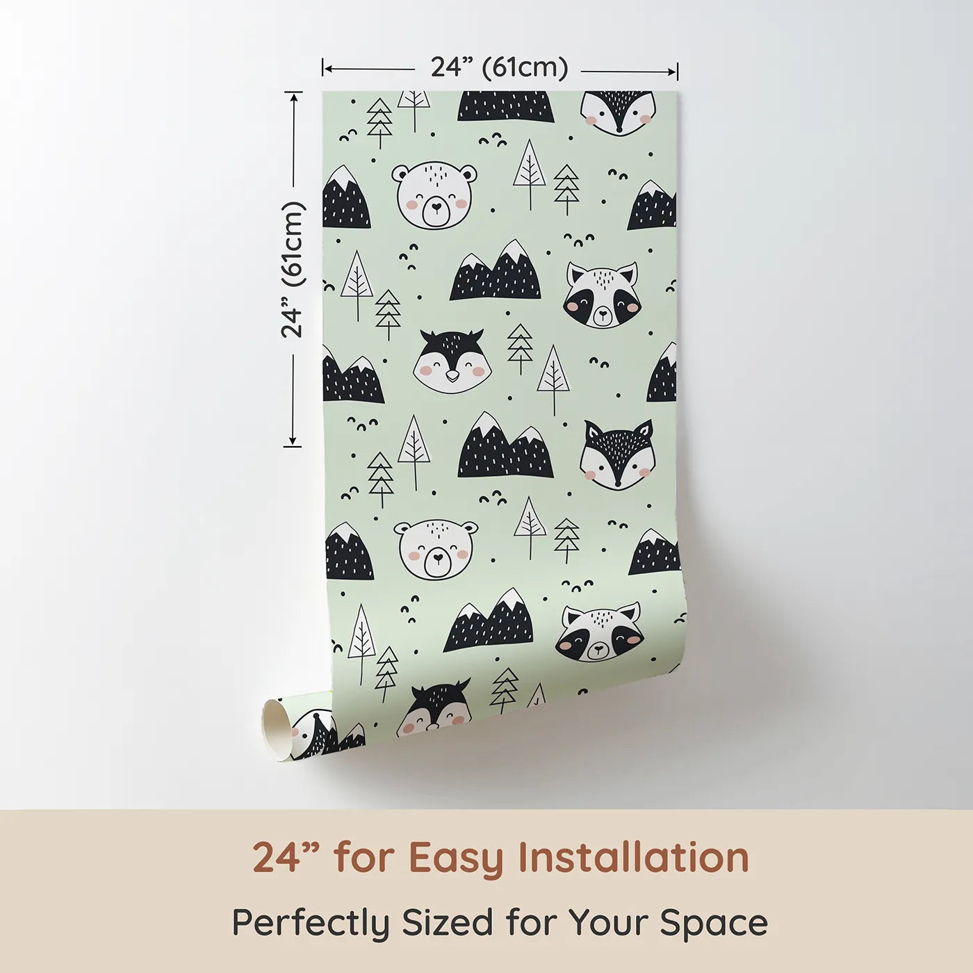 Dimension view of Whimsy Tots Woodland Peekaboo Friends Wallpaper in Mint Green (W3451D). Printed in 24-inch-wide panel for easy installation. Charming woodland animals peek from trees and mountains under a minty sky.