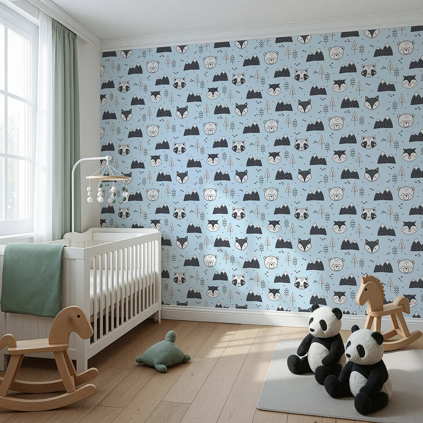 Angled view of Whimsy Tots' Woodland Peekaboo Friends Wallpaper in Blue (W3451E).Smiling woodland animals peek through trees and snowy peaks under a blue sky.