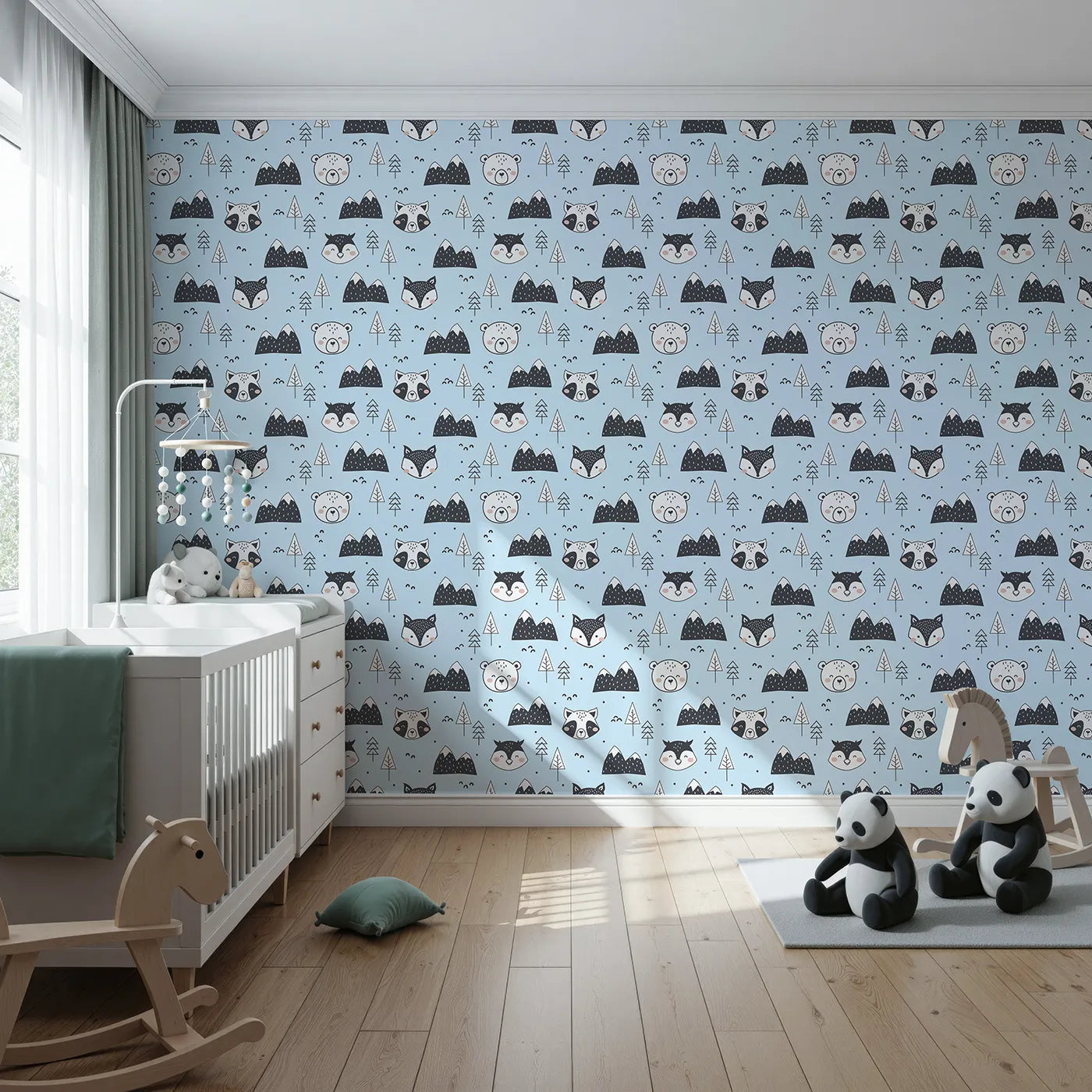 Front view of Whimsy Tots' Woodland Peekaboo Friends Wallpaper in Blue
