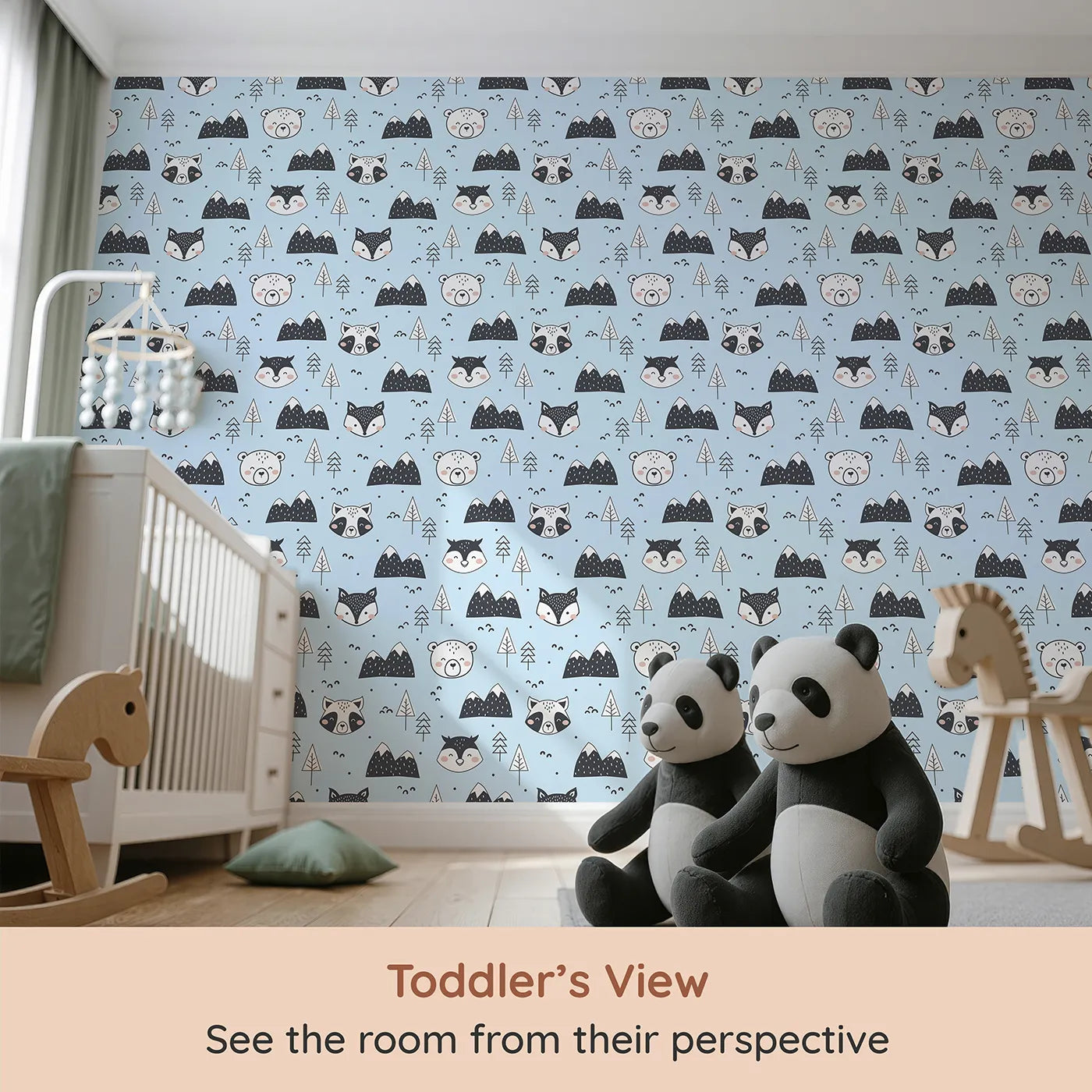 Whimsy Tots Woodland Peekaboo Friends Wallpaper in Blue (W3451E) from your child's view.Smiling woodland animals peek through trees and snowy peaks under a blue sky.
