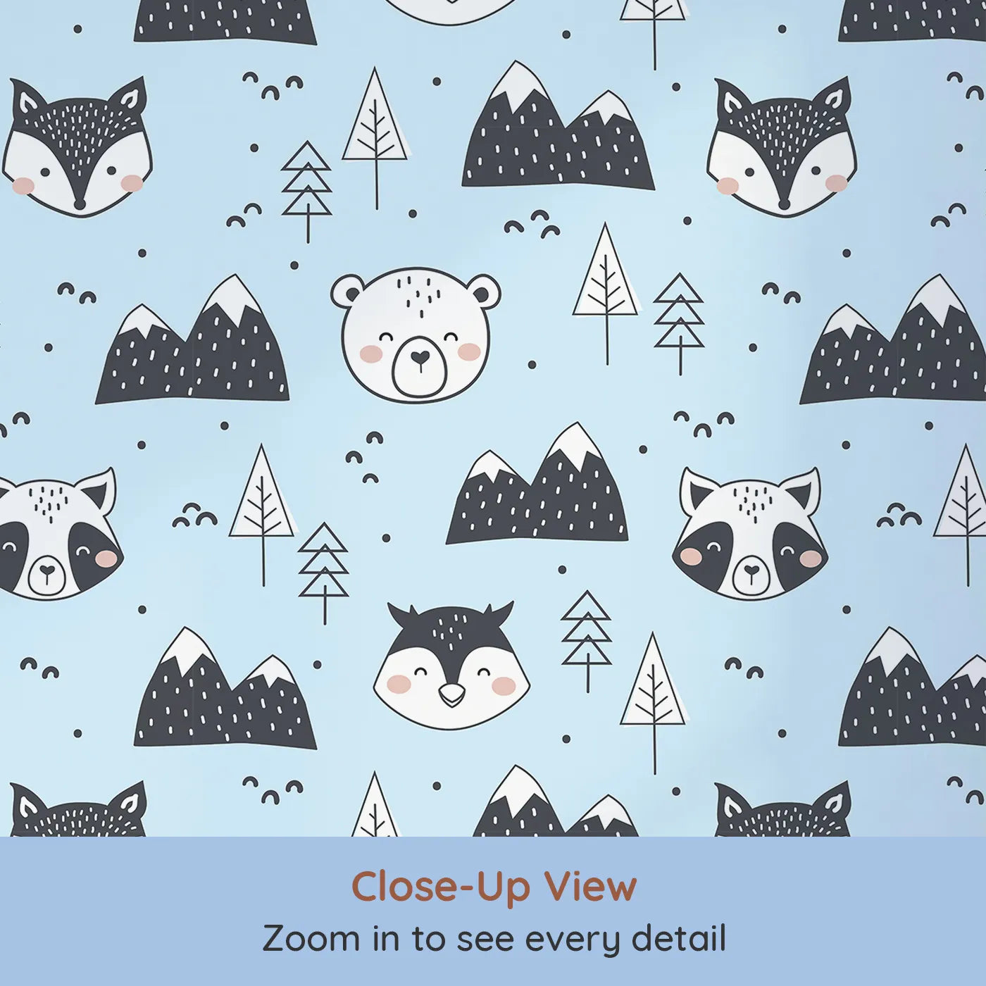 Close-up view of Whimsy Tots' Woodland Peekaboo Friends Wallpaper in Blue (W3451E).Smiling woodland animals peek through trees and snowy peaks under a blue sky.